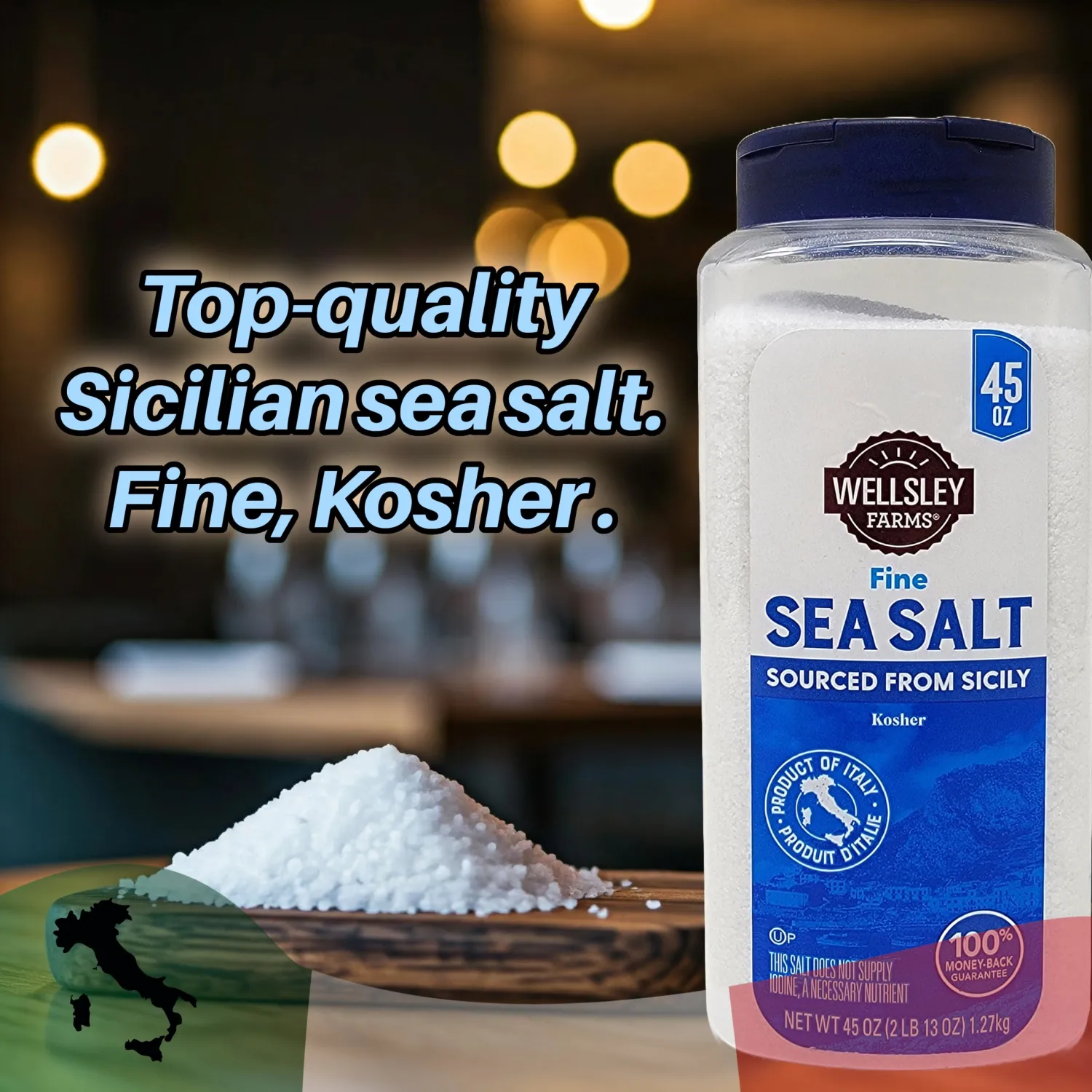 Wellsley Farms Sea Salt from Italy – Kosher, Premium, Hand-Harvested Natural Sicilian Mediterrean Sea Salt in a Versatile Culinary Shaker 45 ounces.
