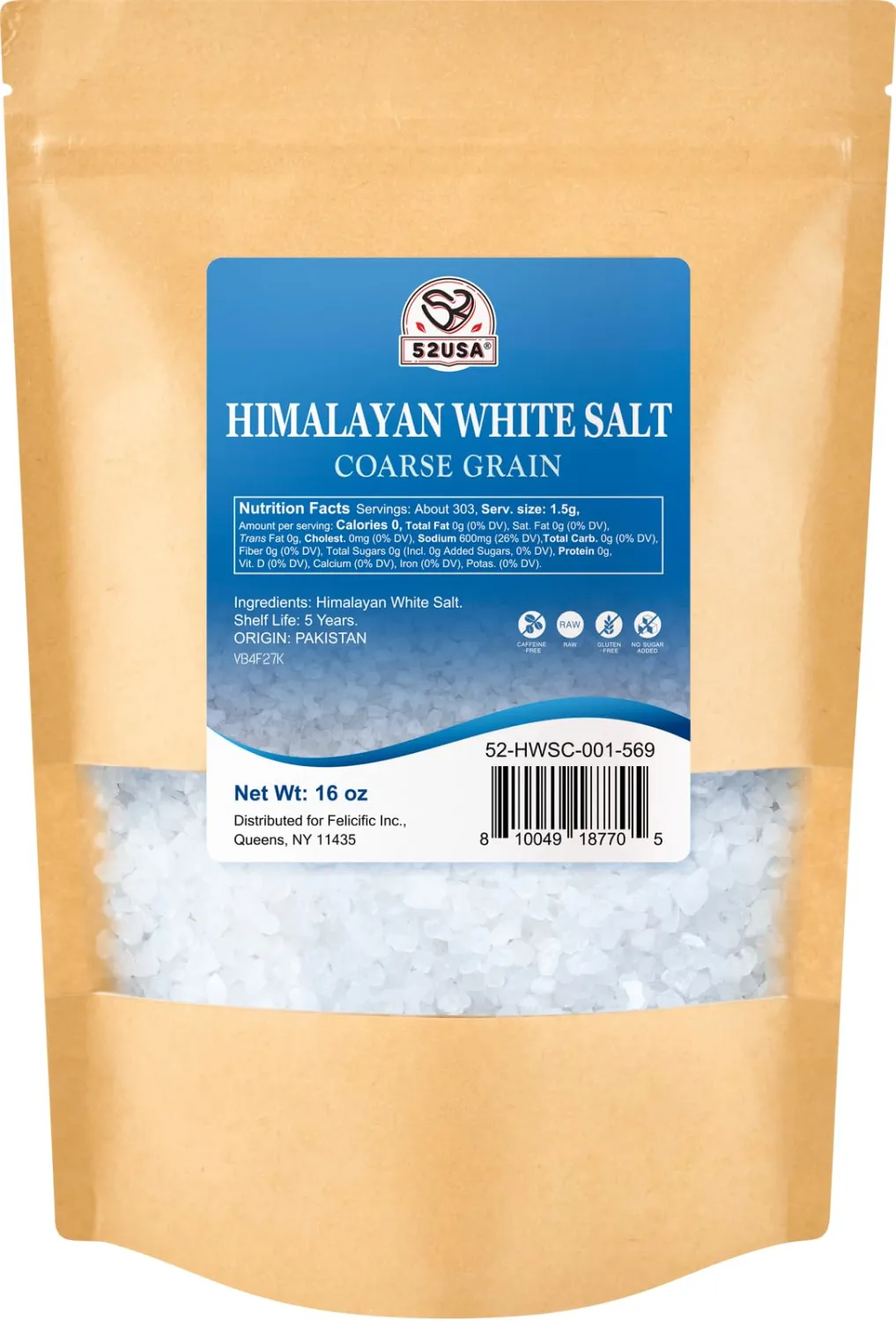 52USA Himalayan White Salt, Coarse Salt 16 oz (1 Pound), Salt for Grinder Refill, Non-GMO, All Natural Sea Salt, Kosher Salt (Pack of 1)