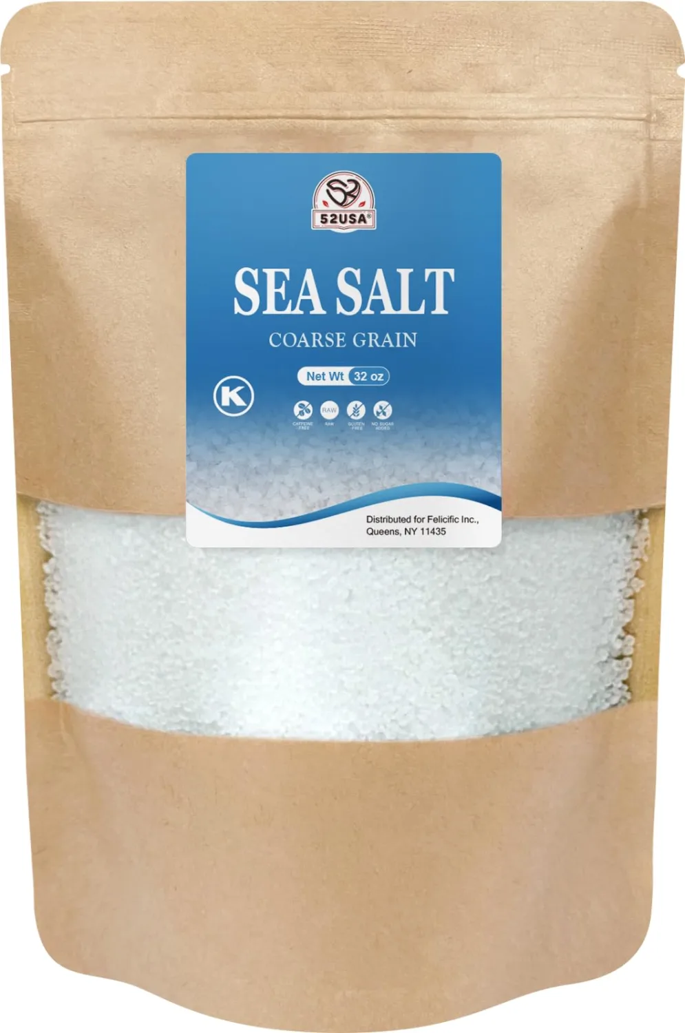 52USA Sea Salt, 2lb - 32oz (1 Pack), Coarse Grain, Salt Grinder Refill, Perfect Coarse Sea Salt For Cooking, All Natural Sea Salt