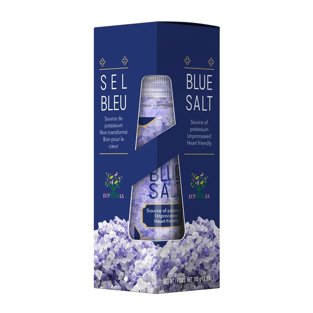 EUPHERBIA Blue Salt, Coarse, Rare Mineral Salt, High Potassium, Lower Sodium, Natural, Unprocessed, Hand Harvested, Kosher Certified, 100g (3.5 Oz)
