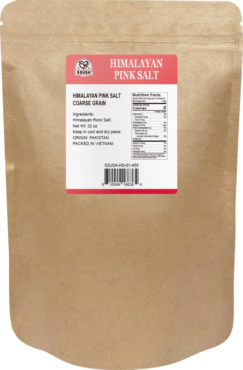 52USA Himalayan Pink Salt Coarse, Pink Himalayan Sea Salt, Coarse Grain 2 lb, Himalayan Salt, Pink Salt, Rock Salt for Grinder Refill, No Artificial Colors, No Additives, No Gluten, Kosher Certified