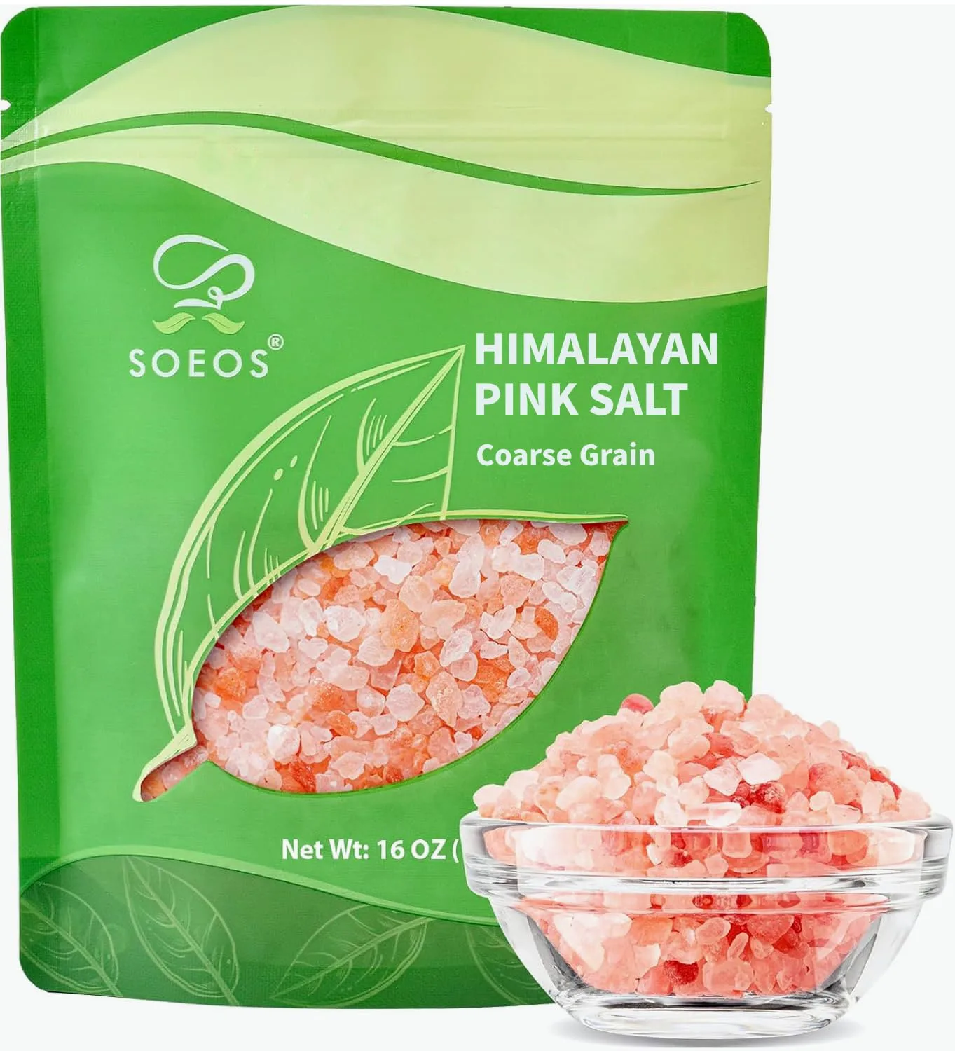 Soeos Himalayan Pink Salt, Coarse Grain, 16 oz (1 Pound), Pink Himalayan Sea Salt, Non-GMO, Kosher Salt, Sea Salt for Grinder Refill