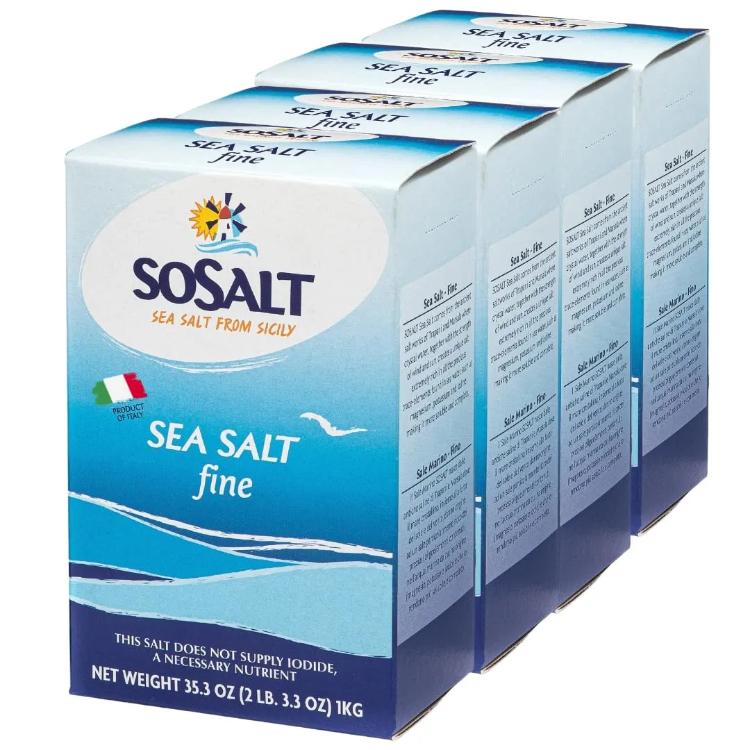 SOSALT DAL MARE DI TRAPANI Fine Natural Sea Salt, 4 pack x 1 kg (35.3 oz), Sicilian Sea Salt, Mediterranean Salt, Sicily, Italy