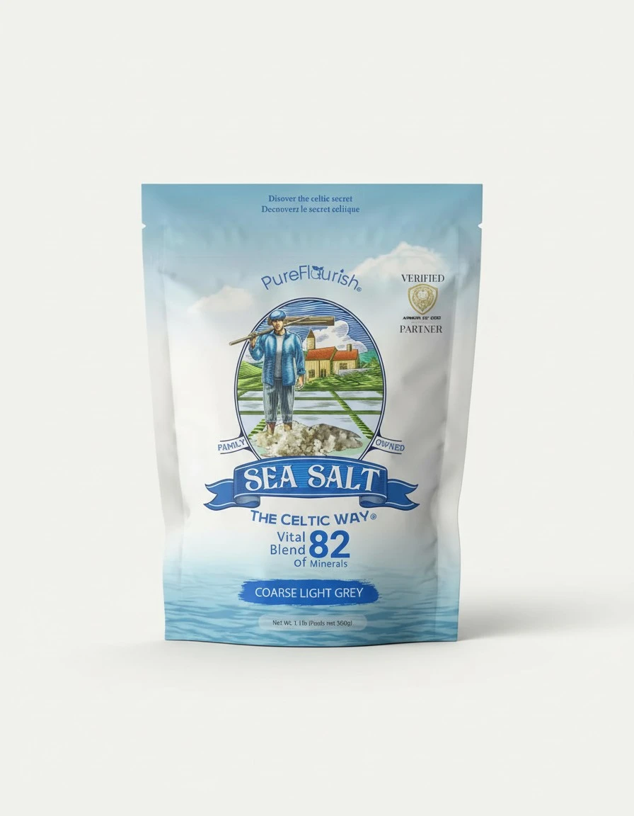 Pure Flourish Sea Salt - The Celtic Way 1.1 LB | Certified French Harvest & Import | Organic & Unrefined | Rich in 82 Essential Minerals | Hand Harvested Light Grey Celtic Salt Crystals from France