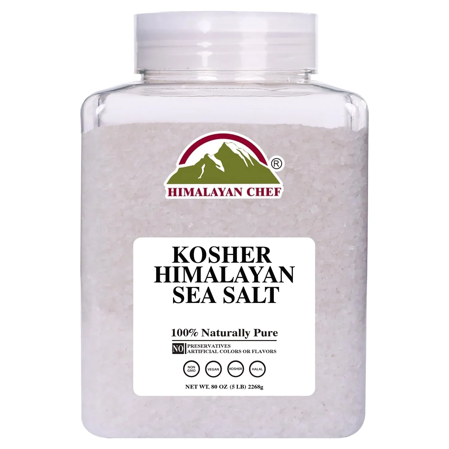 Himalayan Chef Kosher Sea Salt – Full Flavor, No Additives, unrefined and Less Sodium - Natural and Organic - 5 Pound Plastic Jar, Kosher & Non GMO Certified