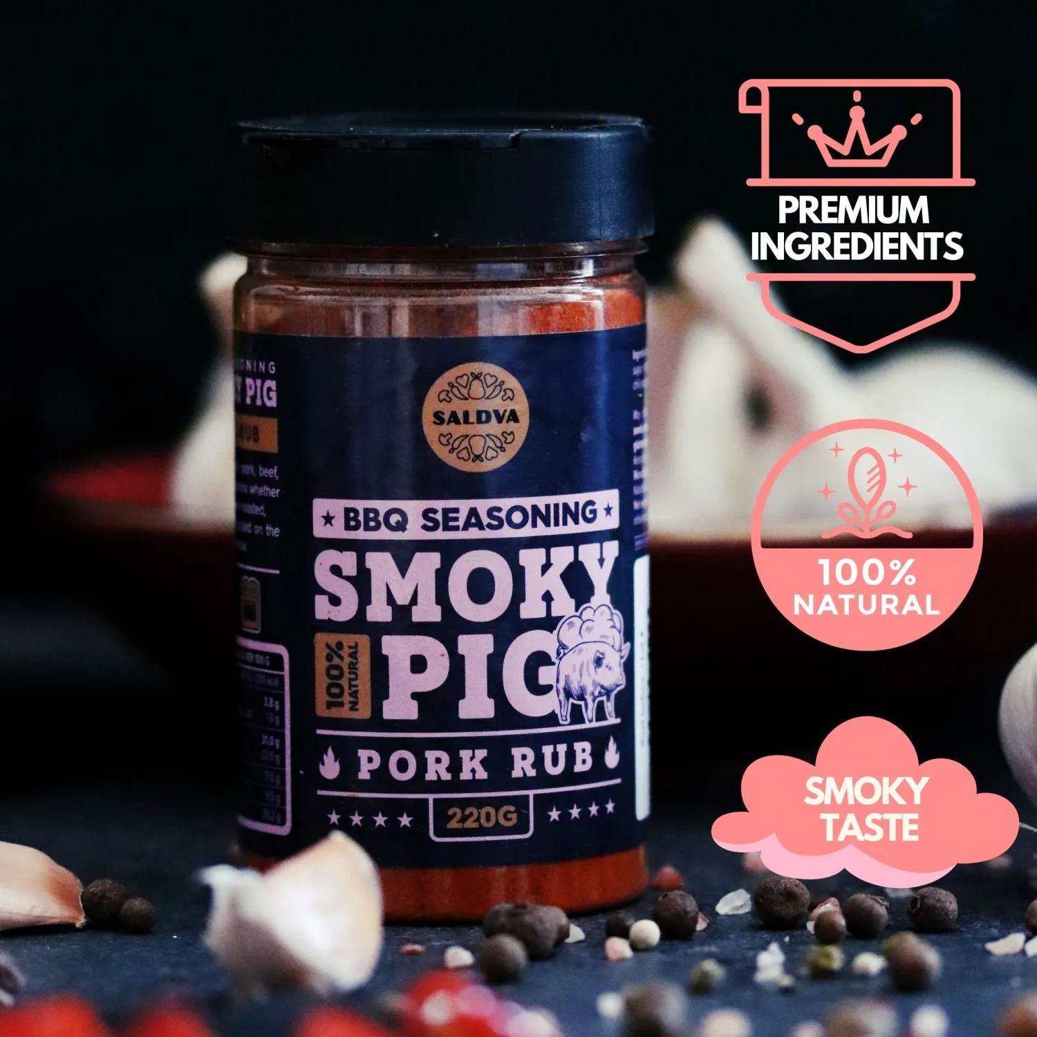 Smoky Pig BBQ Pork Rub - 100% Natural Seasoning - Perfect Blend Of Spices For Smoky BBQ And Grill Pork Dishes - Large Jar (220g)
