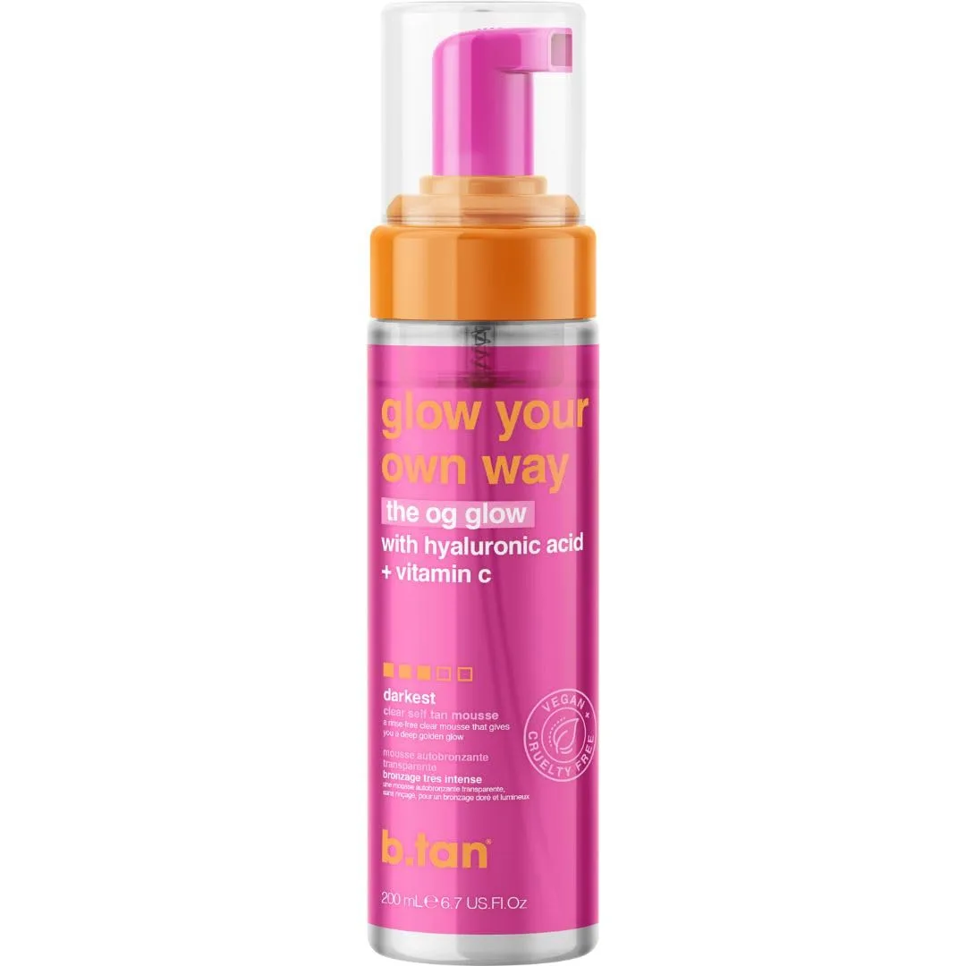 b.tan Clear Self Tanner Foam | Glow Your Own Way - Rinse Free, Best 1 Hour Express Sunless Tanning Water Mousse, Dark, No Transfer, Moisturizing, Face & Body, No Fake Tan Smell, 6.7 Fl oz