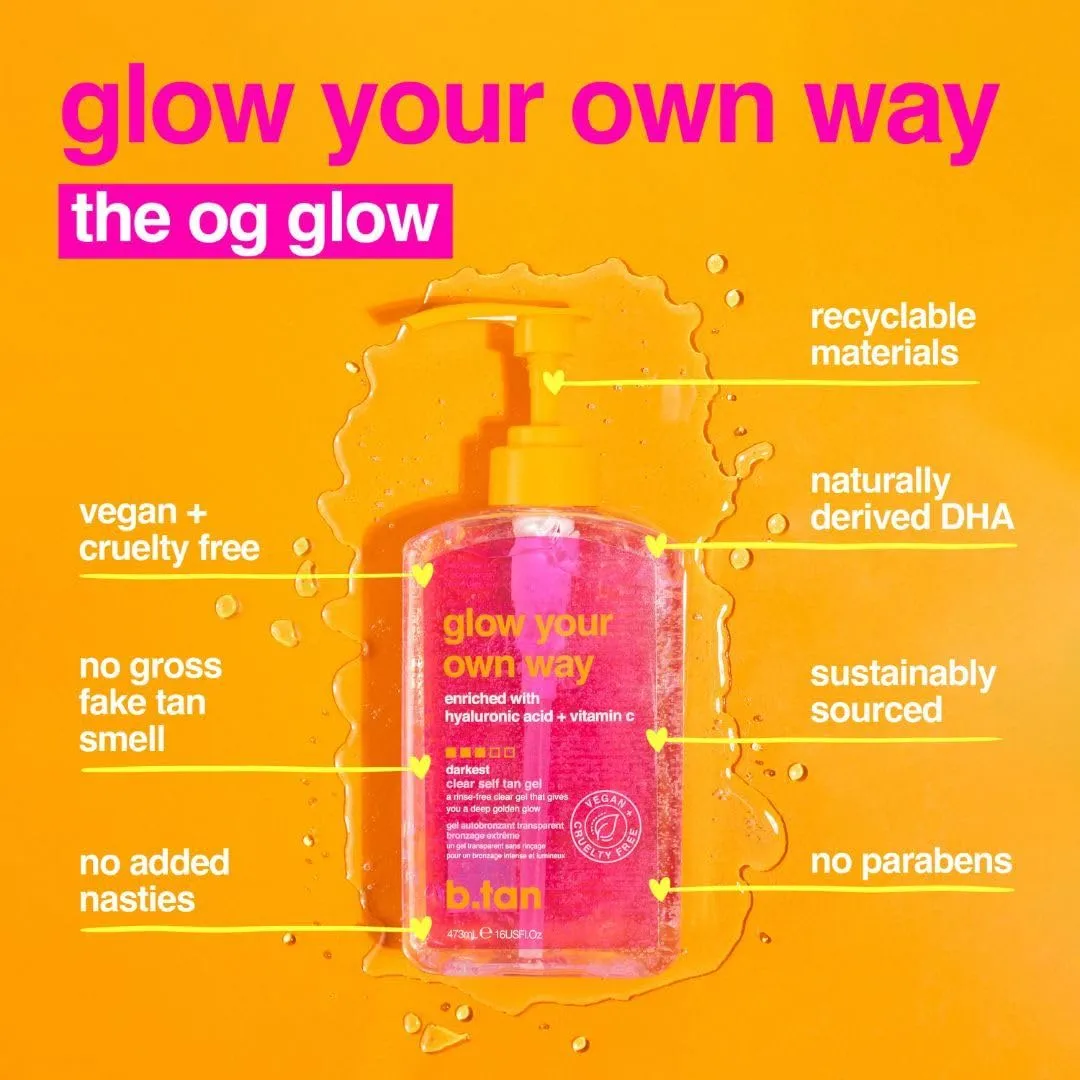 b.tan Clear Self Tanning Gel & Exfoliating Kit | Glow Your Own Way + Erase Tan Repeat Bundle - 1 Hour Express, Transfer-Resistant Dark Fake Tanner, 2-in-1 Exfoliator Scrub & Body Wash with Mitt