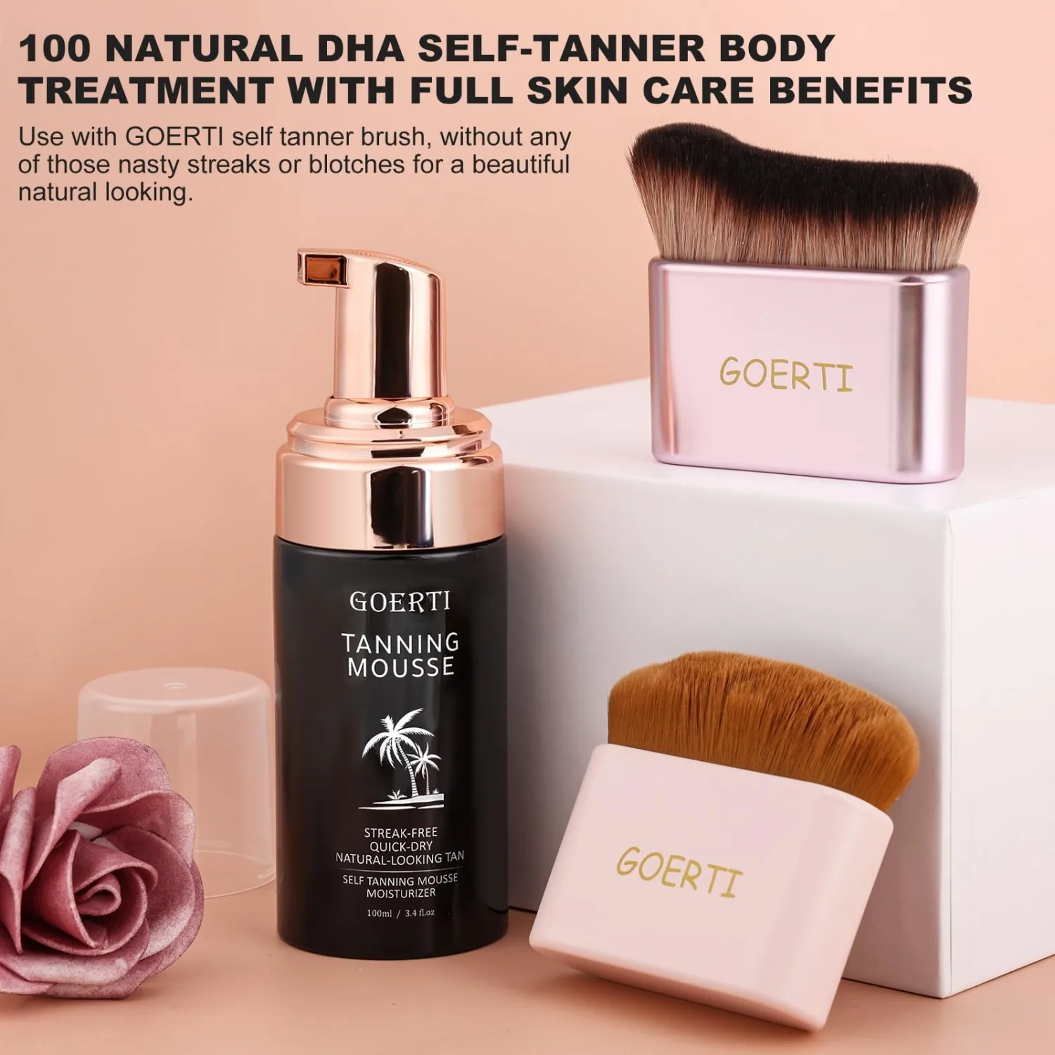 Self Tanning Mousse - GOERTI Fake Tan Self Tanner Mousse Foam for Fair to Medium Skin, Sunless Tanning Tan for Body and Face Tanner, Coconut Scented Self Tan, 100ml, 3.4fl.oz (Mousse)