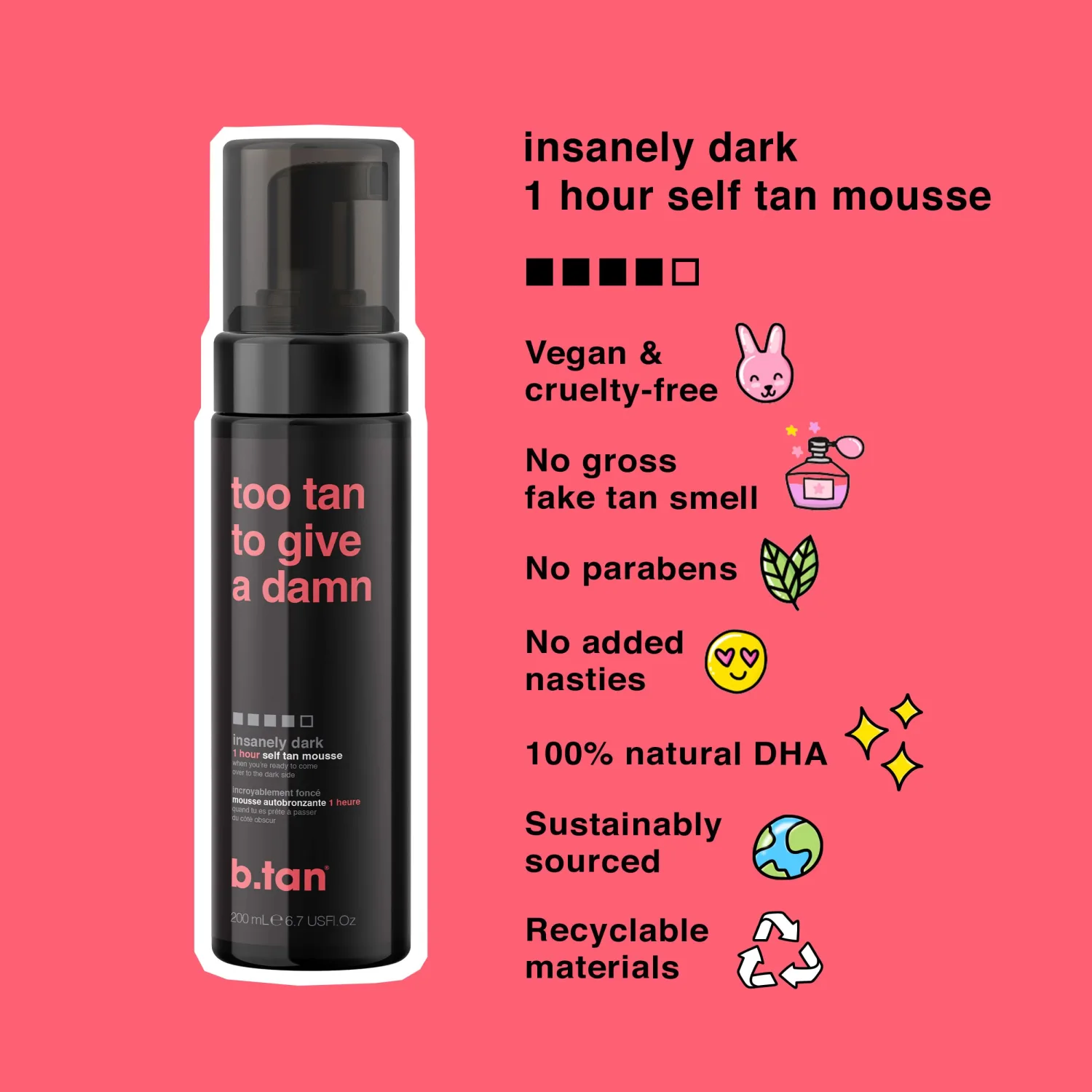 b.tan Insanely Dark Self Tanner Kit | Too Tan Bundle - Self Tanner Mousse w/Mitt Applicator, 1hr Sunless Tanner, Fast, No Fake Tan Smell, No Added Nasties, Vegan, Cruelty Free, 6.7 Fl Oz