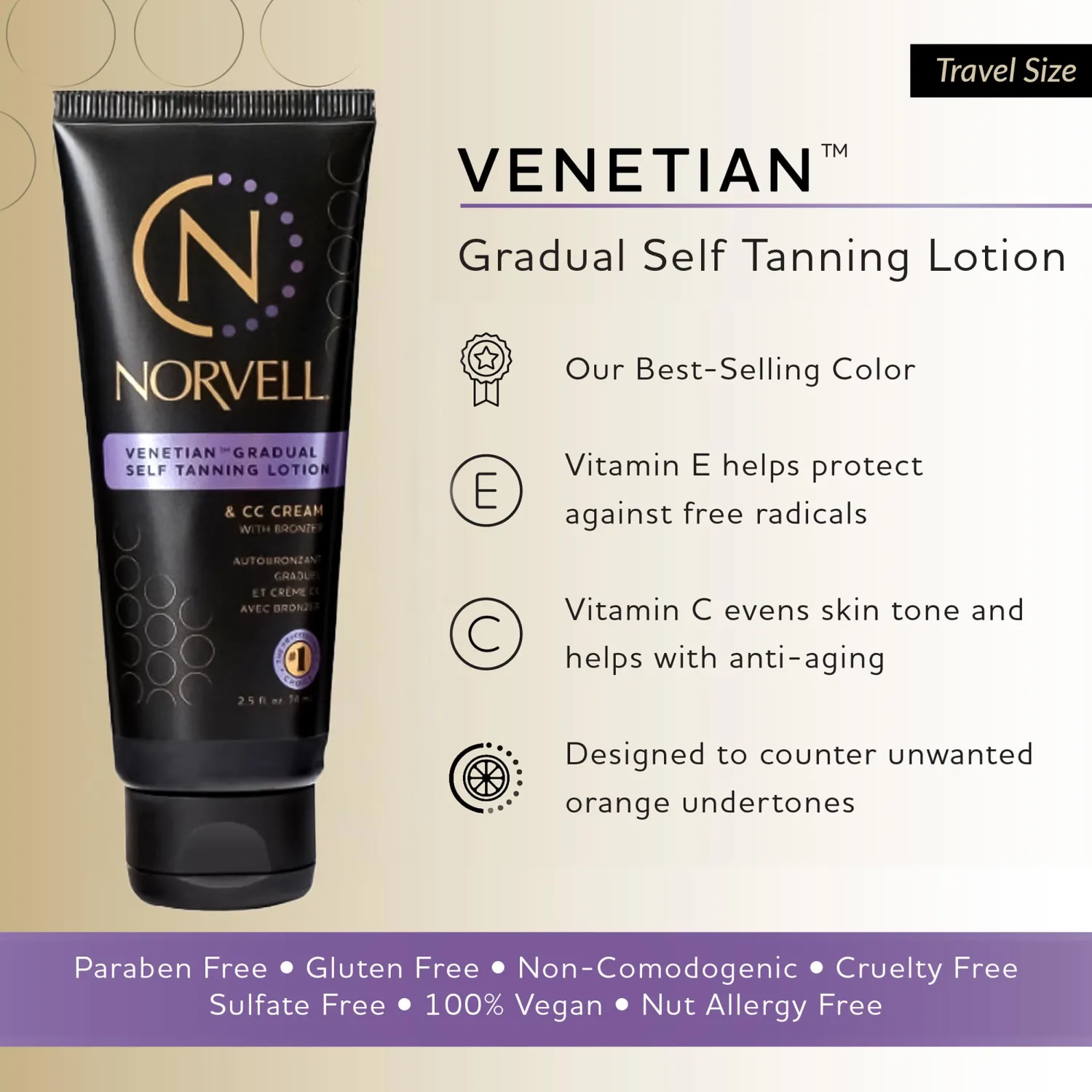 Norvell Venetian Sunless Self Tanner Gradual Color Extender Moisturizing Lotion, Travel Size 2.5 fl.oz - Self Tanning Cream with Violet and Brown Tone