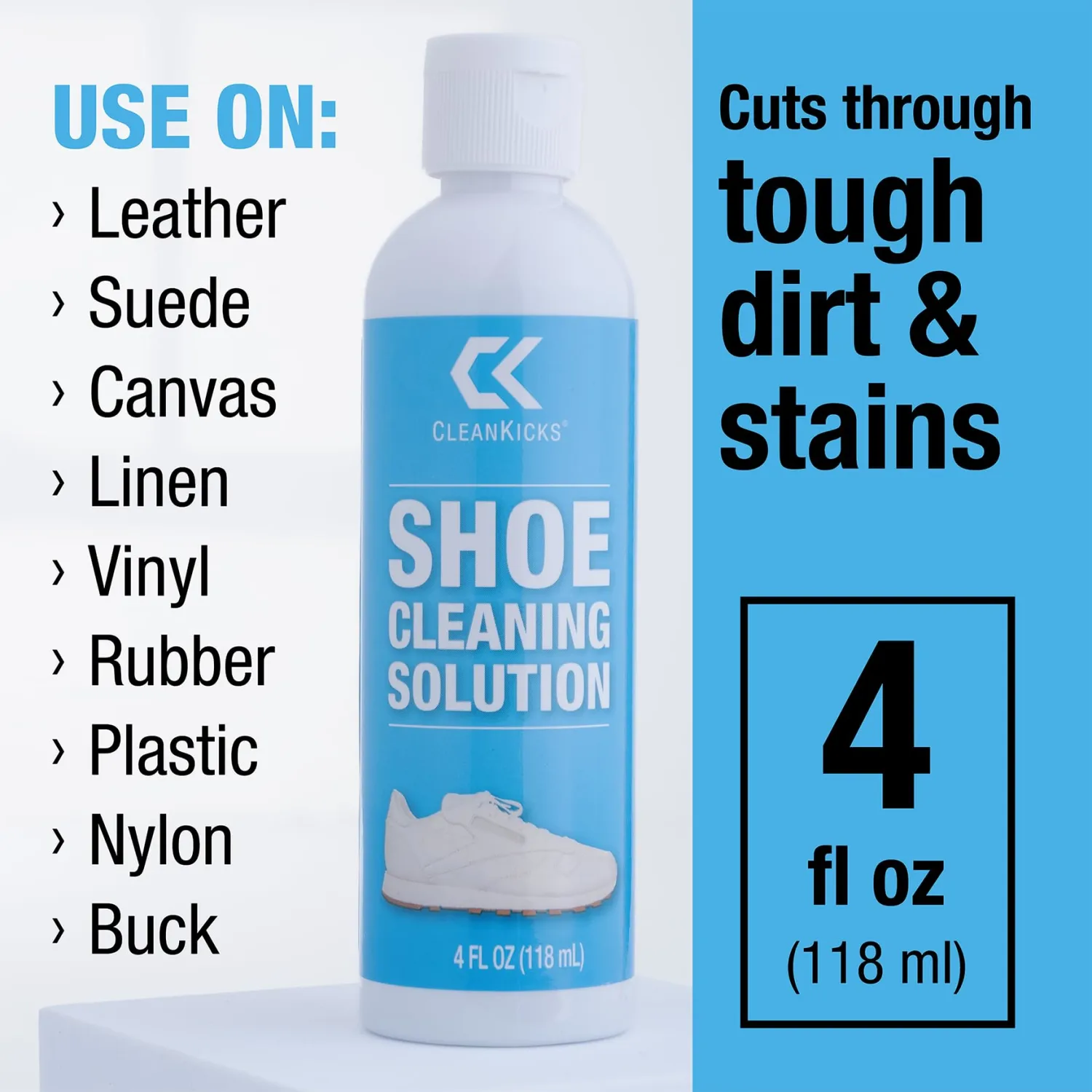 Shoe Cleaning Kit - Footwear Cleaner for Sneakers, Boots, Cleats, and Many Other Shoe Types - (4 Ounce Bottle and Brush). Packaging May Vary Between Green and Blue.
