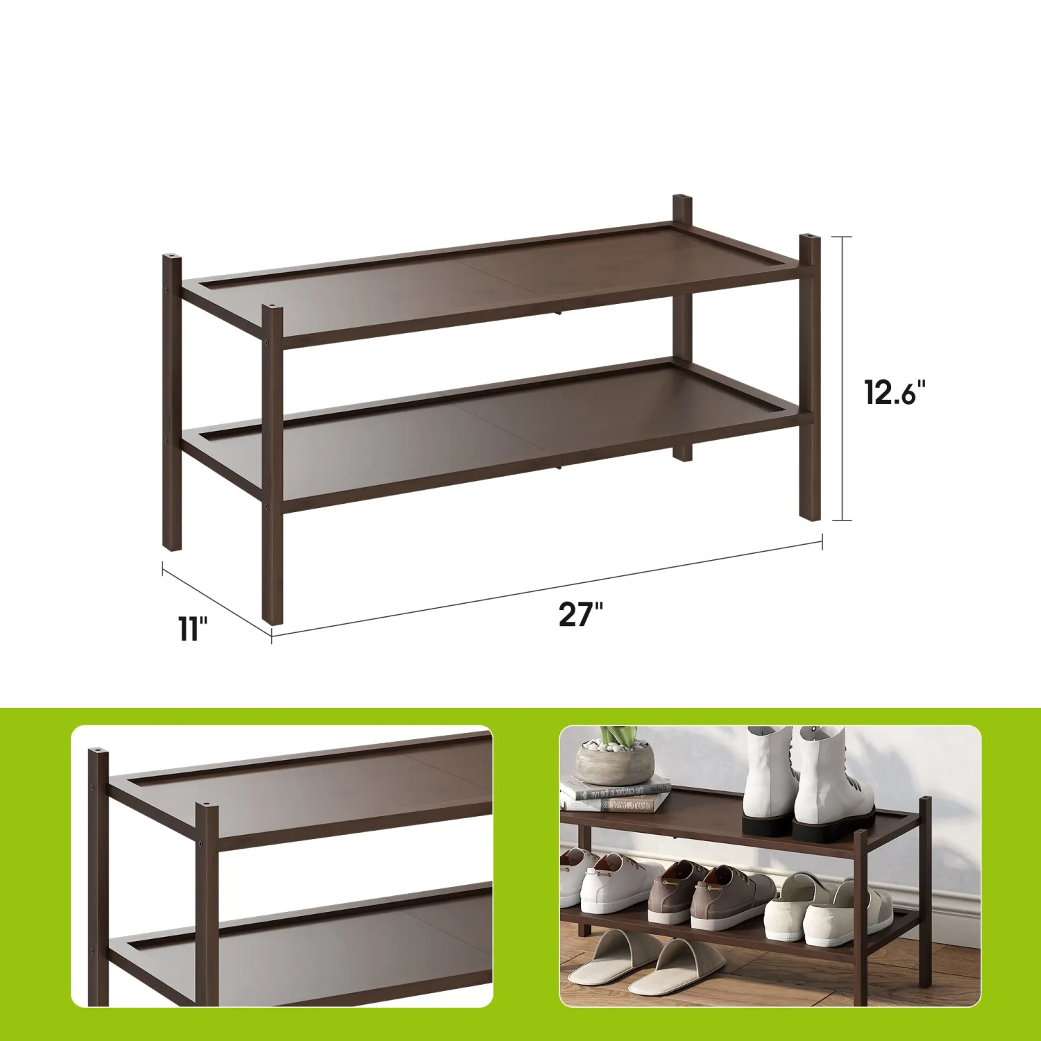 BMOSU 2-Tier Bamboo Shoe Rack Premium Stackable Shoe Shelf Storage Organizer for Hallway Closet Living Room Entryway Organizer(Brown)