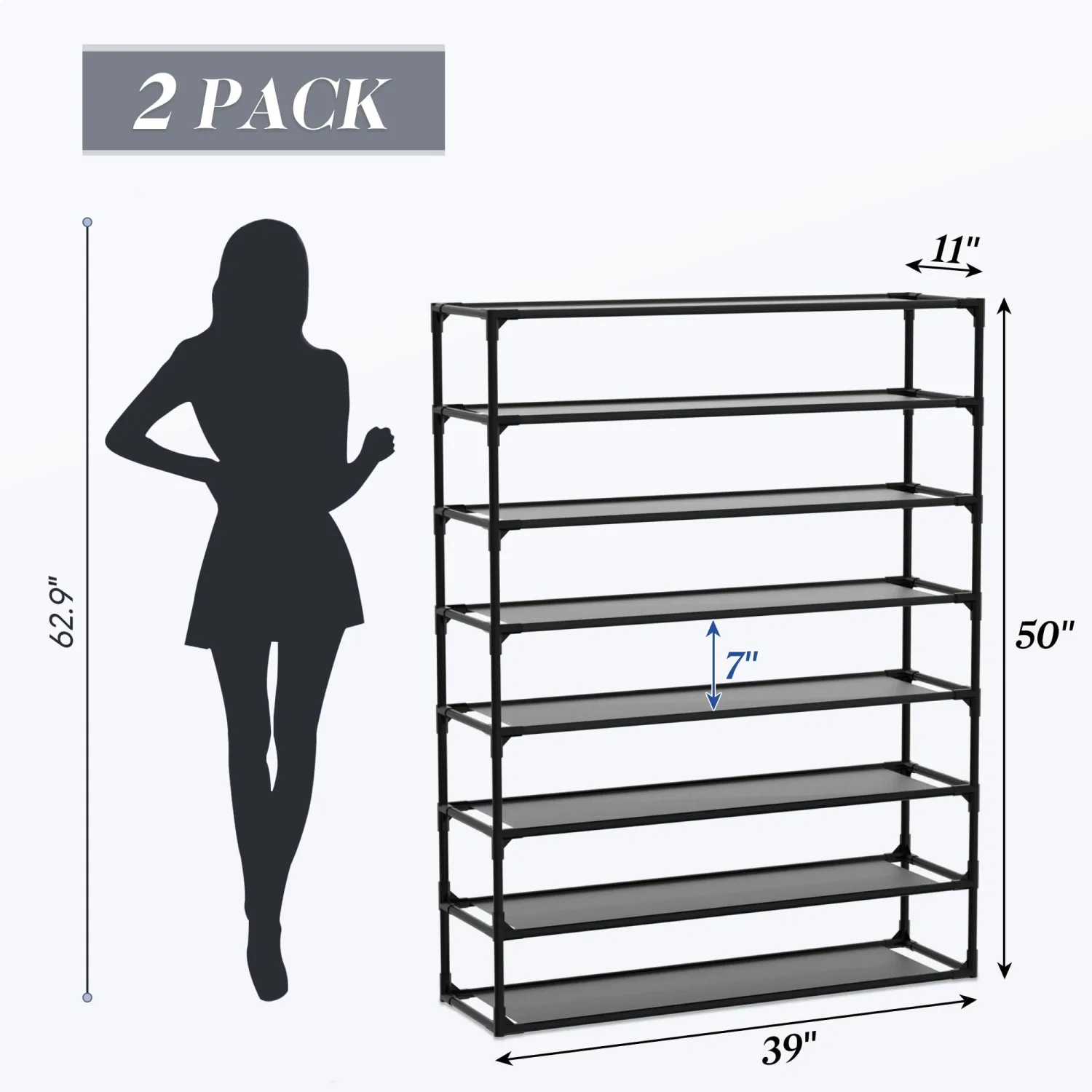 TY ARTS & CULTURE 2 Pack 8-Tiers Shoe Rack Organizer, Sturdy Metal Pipes & Durable Non-Woven Fabric, Space Saving Tall Shoe Shelf Hold 64-80 Pairs, Shoe Rack for Entryway (Black)