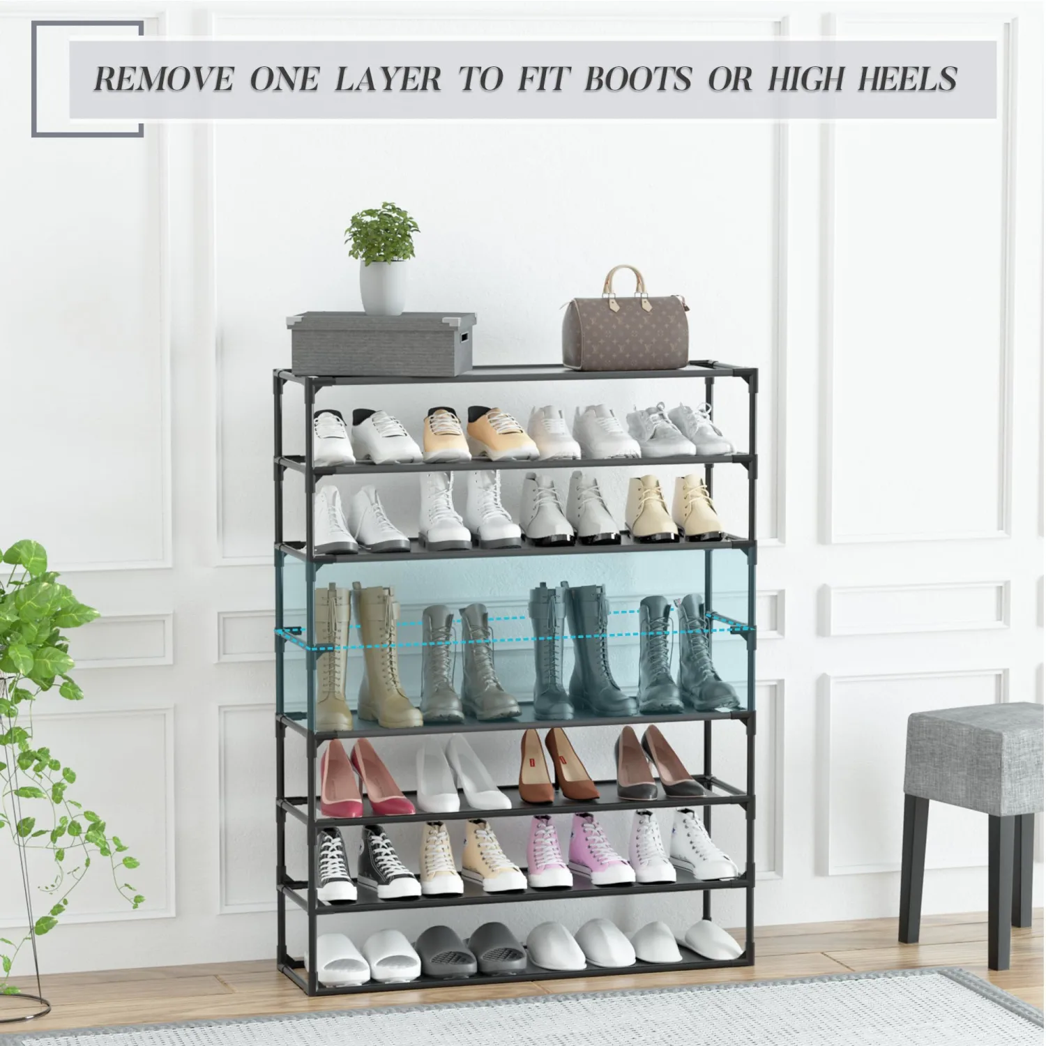 TY ARTS & CULTURE 2 Pack 8-Tiers Shoe Rack Organizer, Sturdy Metal Pipes & Durable Non-Woven Fabric, Space Saving Tall Shoe Shelf Hold 64-80 Pairs, Shoe Rack for Entryway (Black)