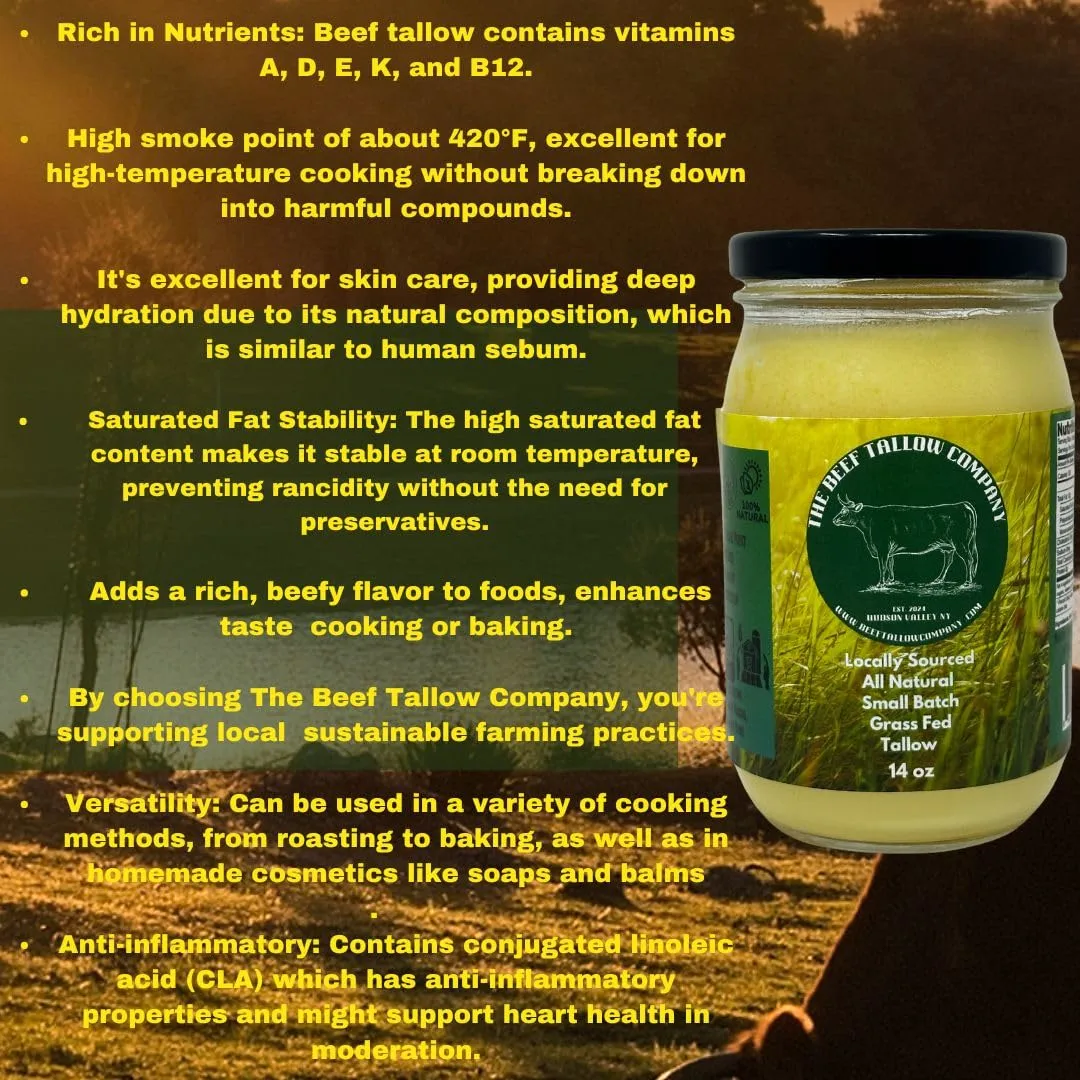 The Beef Tallow Company | 100% Pure small batch grass fed beef tallow | Dry rendendered, non deoderized for rich beef flavor| Saftey shrink sealed glasss jar | Locally sourced and made in the Hudson Valley | No additives, No preservatives, All Natural , Keto, Paleo friendly | No GMO, Microplastic free