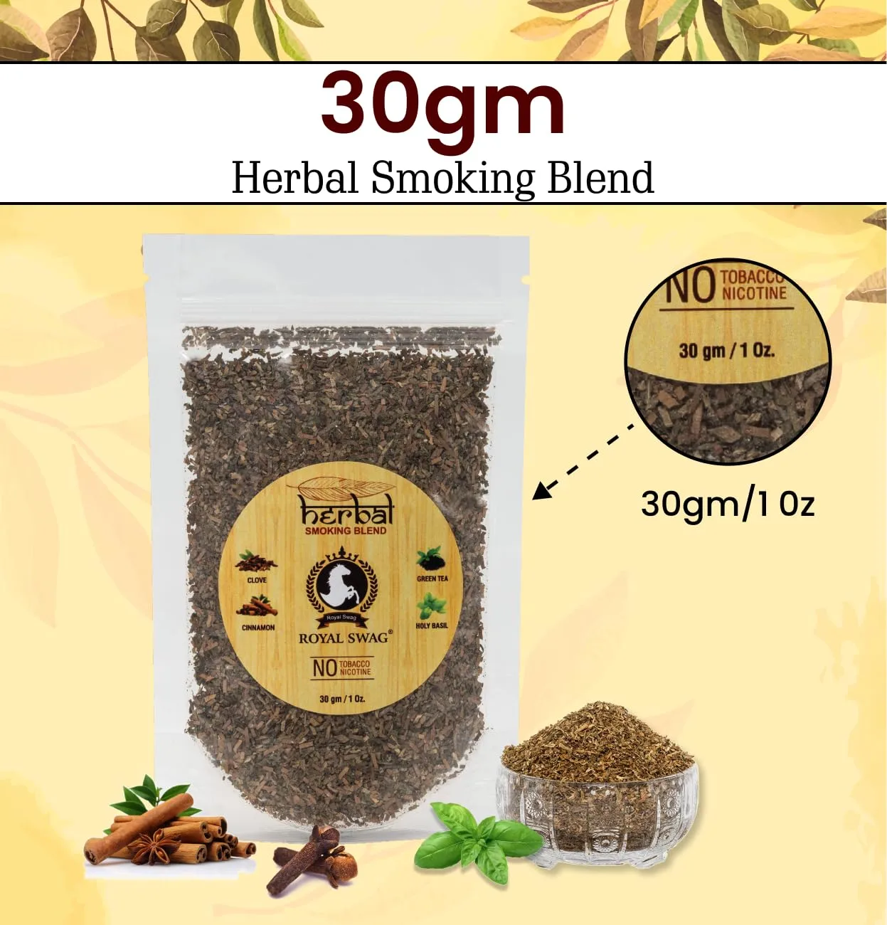 Royal Swag Tobacco & Nicotine Free Smoking Mixture With 100% Natural Herbal Smoking Blend 1 Pack (1 Oz/ 30G) With Wooden Steel Pipe