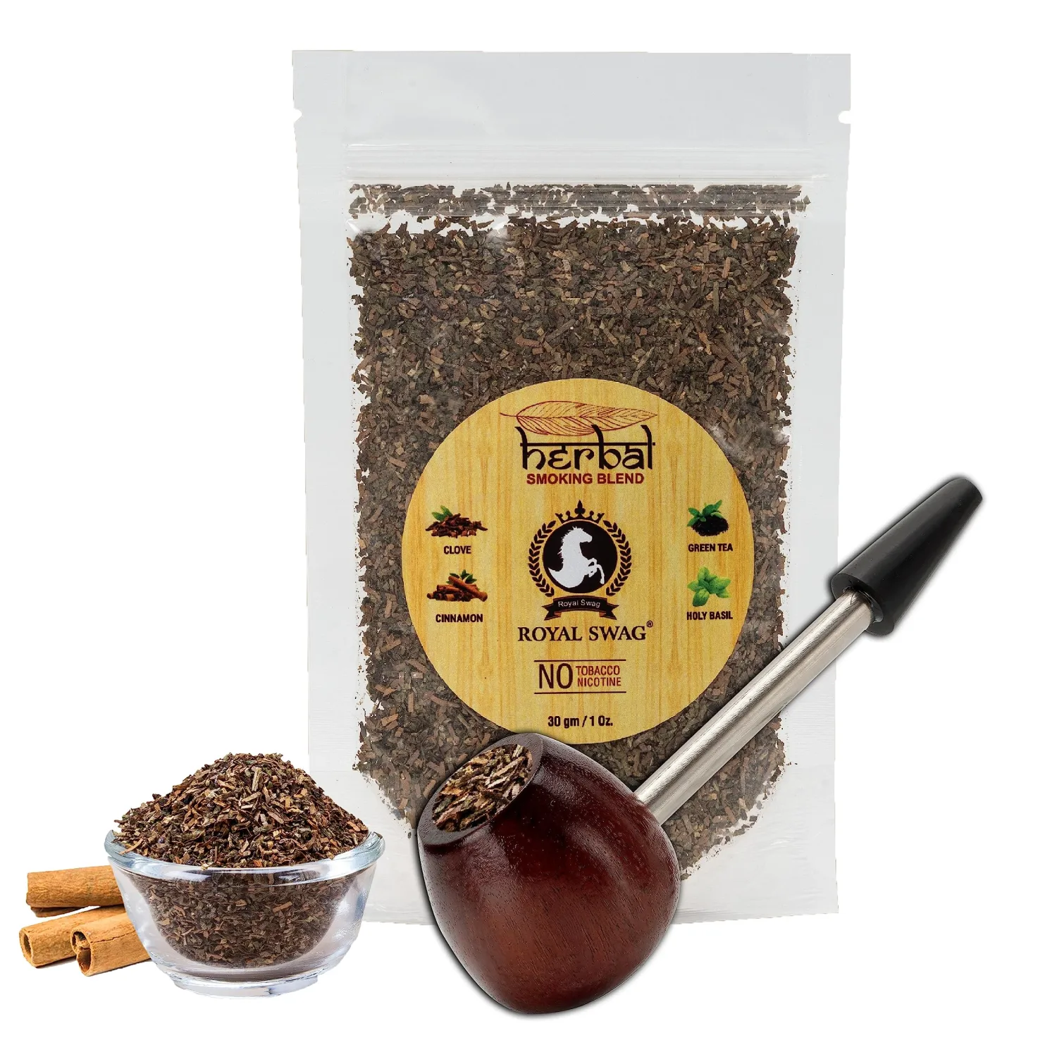 Royal Swag Tobacco & Nicotine Free Smoking Mixture With 100% Natural Herbal Smoking Blend 1 Pack (1 Oz/ 30G) With Wooden Steel Pipe