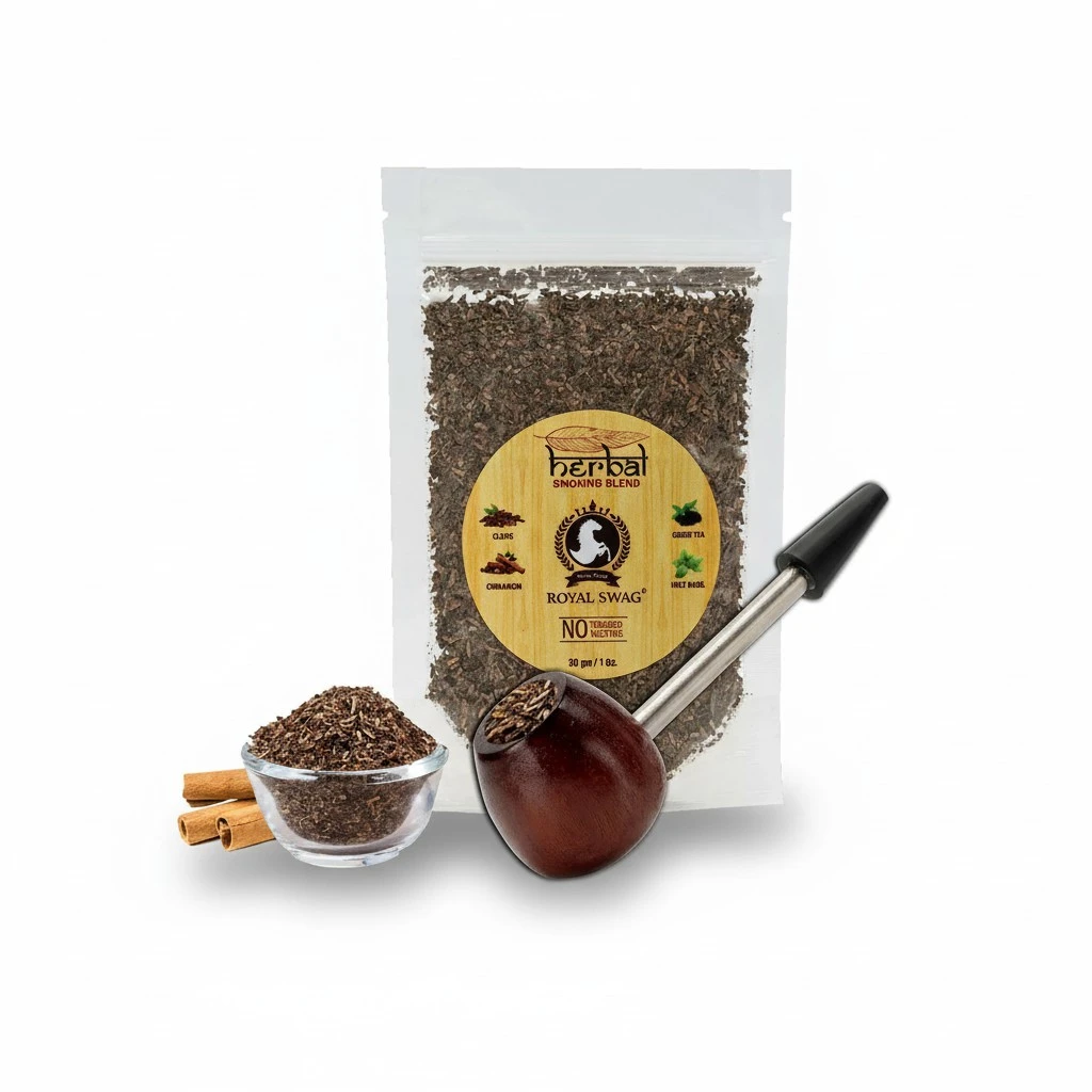 Royal Swag Tobacco & Nicotine Free Smoking Mixture With 100% Natural Herbal Smoking Blend 1 Pack (1 Oz/ 30G) With Wooden Steel Pipe