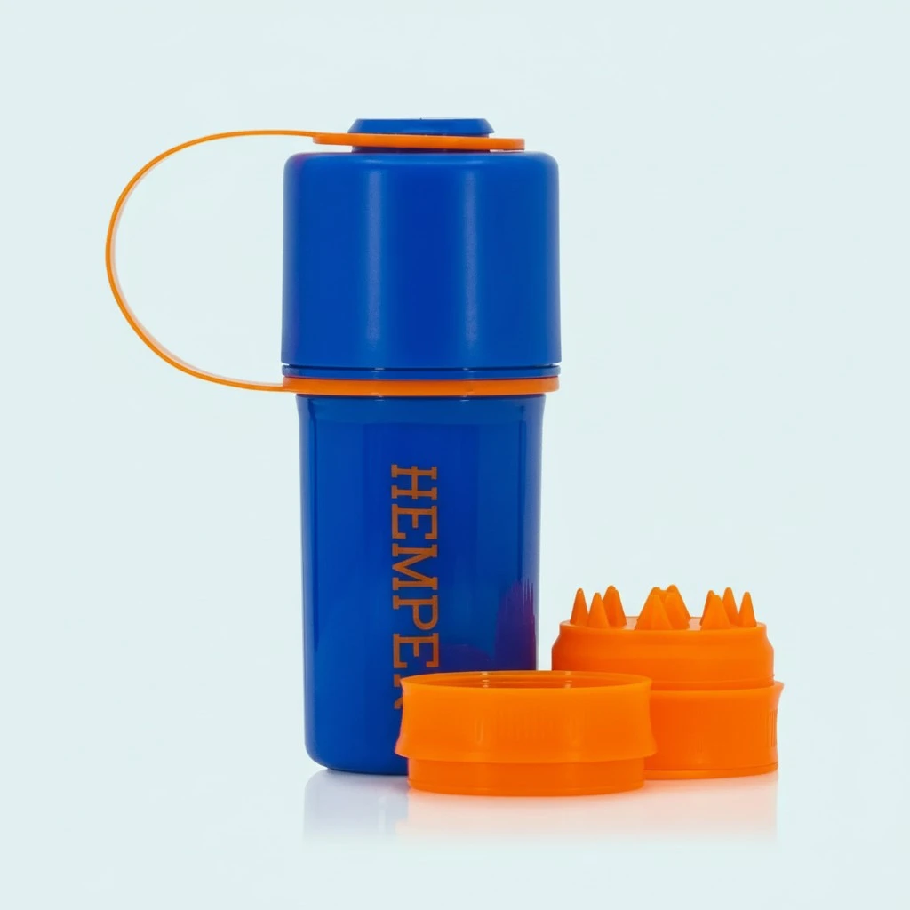Keeper 3-in-1 Herb Grinder with Dual Storage Compartments, Smell-Proof and Water-Resistant Design, Built-In Removable Grinder, Portable & Flexible Tether for On-the-Go Use - (Blue & Orange)