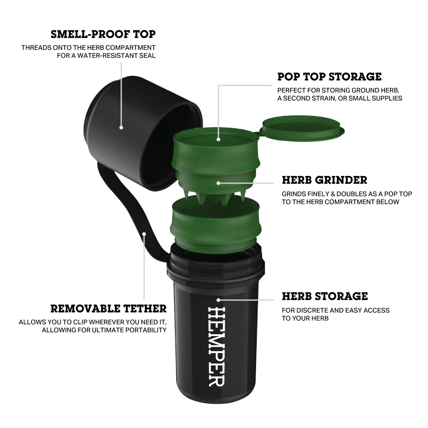 Keeper 3-in-1 Herb Grinder with Dual Storage Compartments, Smell-Proof and Water-Resistant Design, Built-In Removable Grinder, Portable & Flexible Tether for On-the-Go Use - (White)