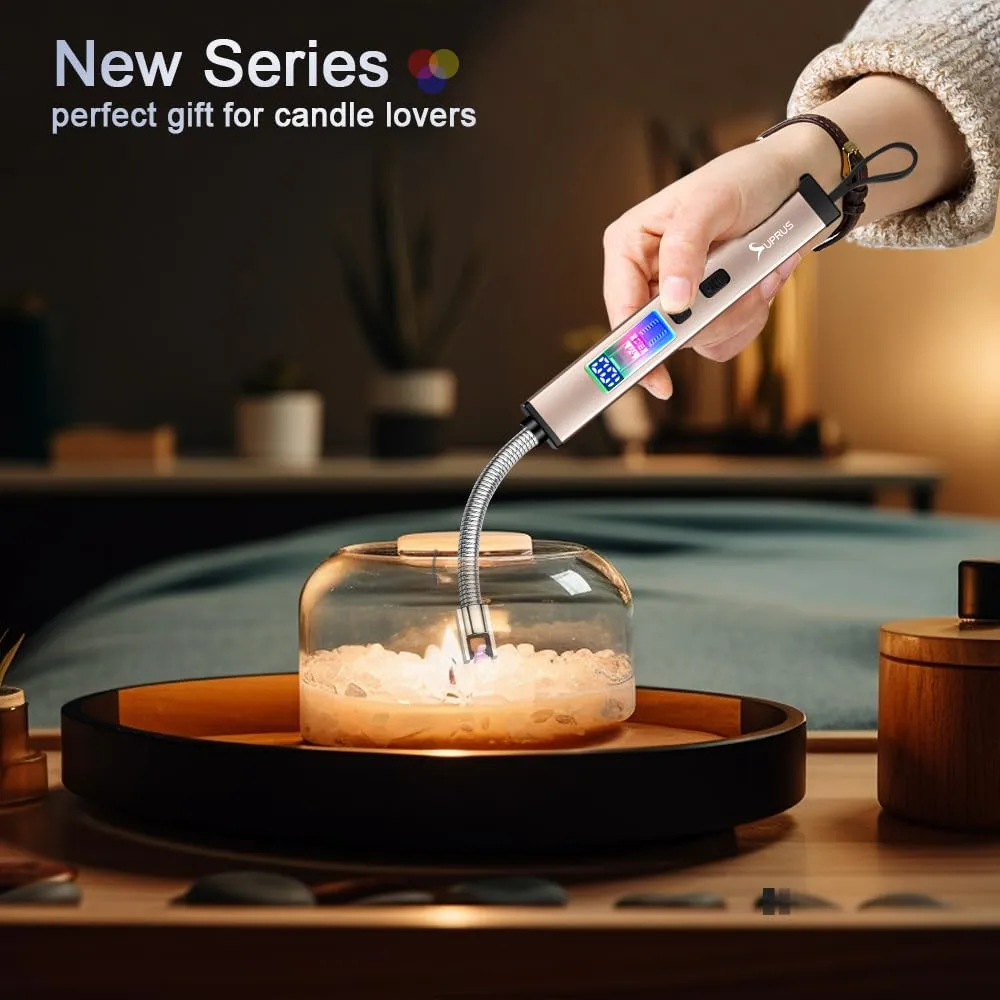 SUPRUS Electric Candle Lighter USB-C Rechargeable with Digital Battery Display Ambient Lighting Safety Switch 360° Flexible Neck Flameless Plasma Windproof Perfect for Candle BBQ Camping (Gold)