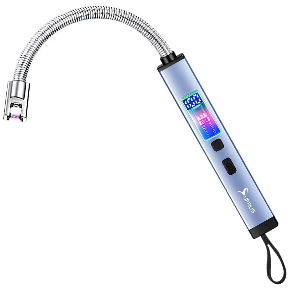 SUPRUS Electric Candle Lighter USB-C Rechargeable with Digital Battery Display Ambient Lighting Safety Switch 360° Flexible Neck Flameless Plasma Windproof Perfect for Candle BBQ Camping (Blue)