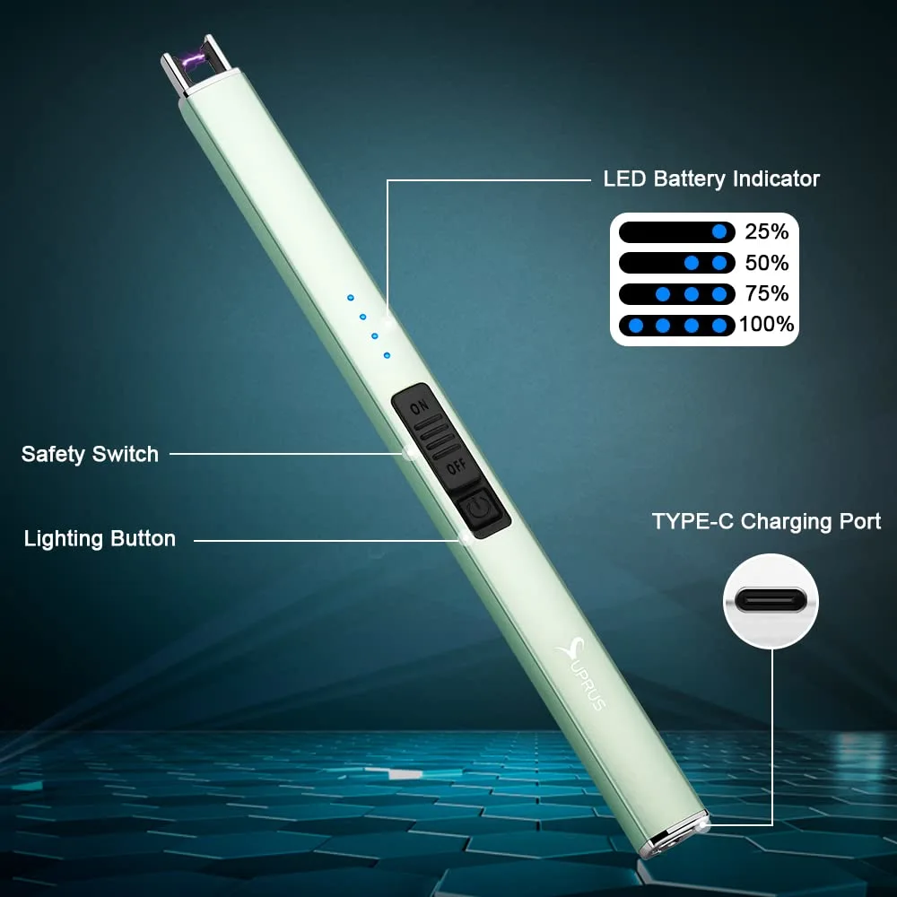 SUPRUS Electric Lighter Arc Windproof Flameless USB Rechargeable Lighter with Safety Lock for Candle BBQ Camping (Green)