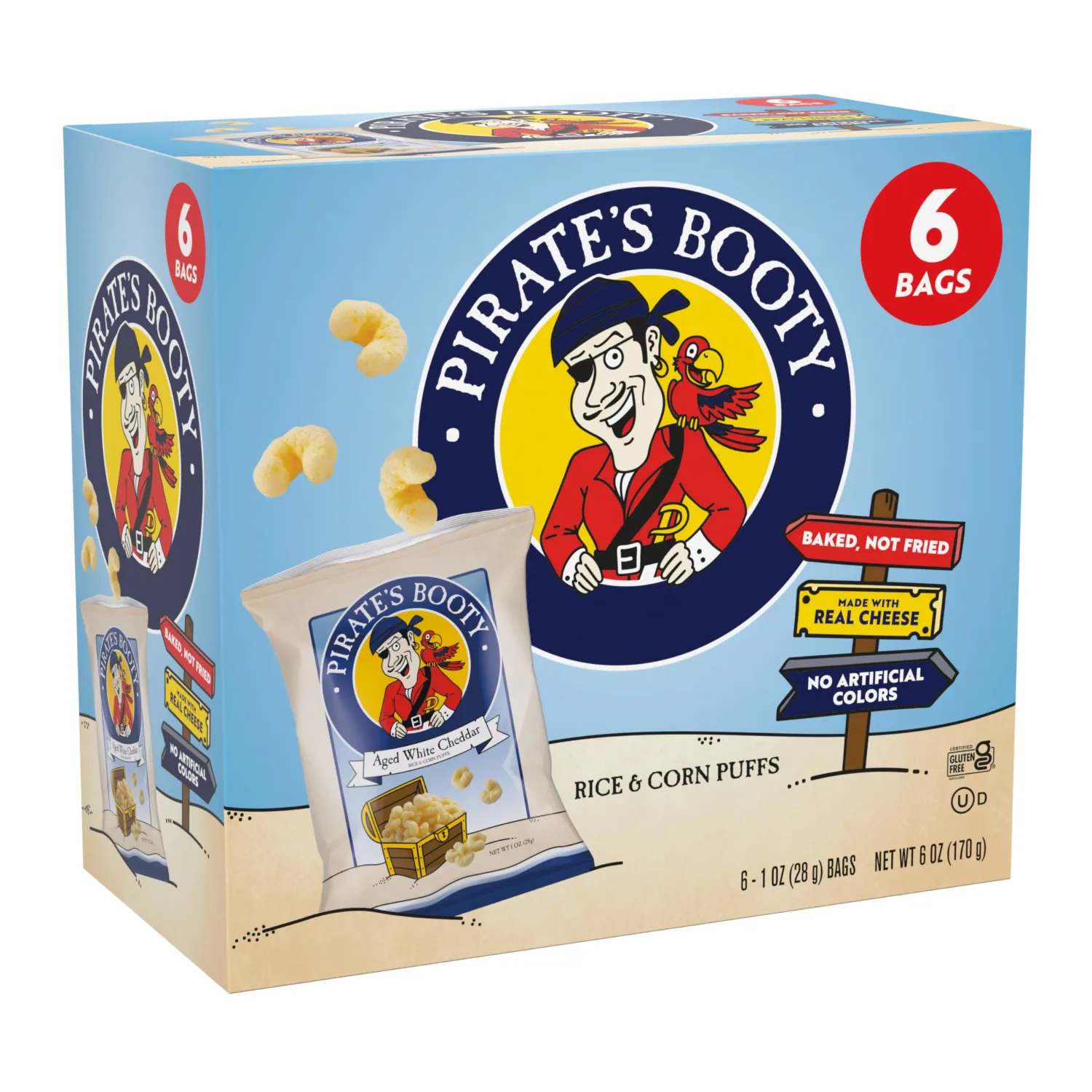 Pirate's Booty Aged White Cheddar Cheese Puffs, Gluten Free, Kids Snacks, 1 oz. Individual Snack Bags (6 Count)