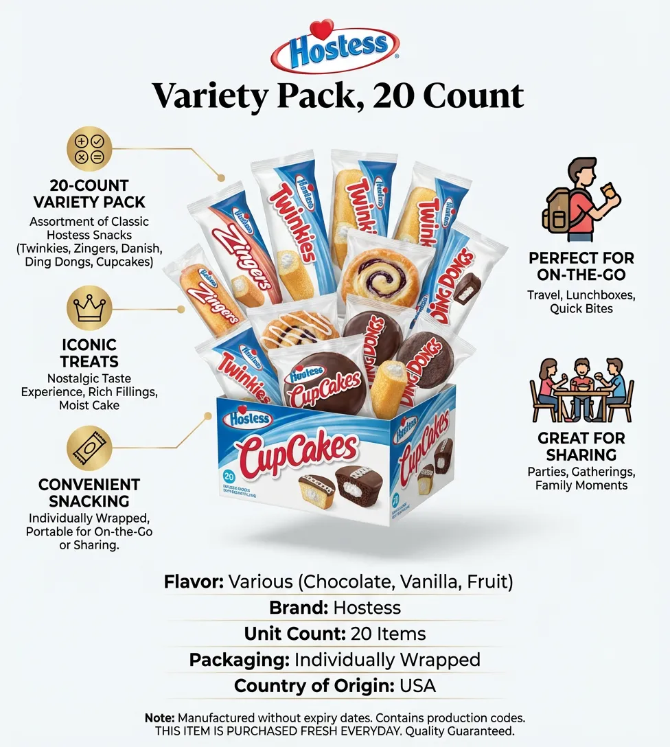 Hostess Variety Pack, Twinkies, Zingers, Danish, Ding Dongs, Cupcakes, 20 Count