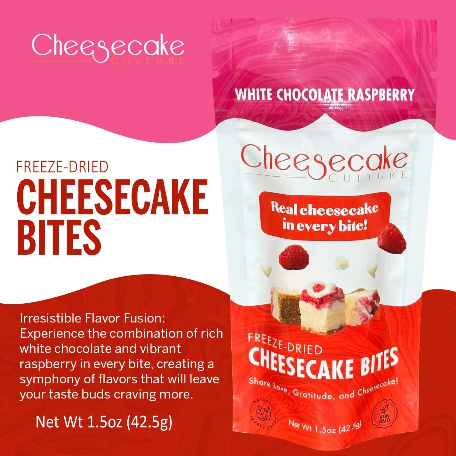 Cheesecake Culture Freeze-Dried Cheesecake Bites - White Chocolate Raspberry Flavor, Crunchy Bite-Sized Snacks, Rich & Tart Goodies - 15 Pieces Per Bag, 1.5oz (1 Pack)