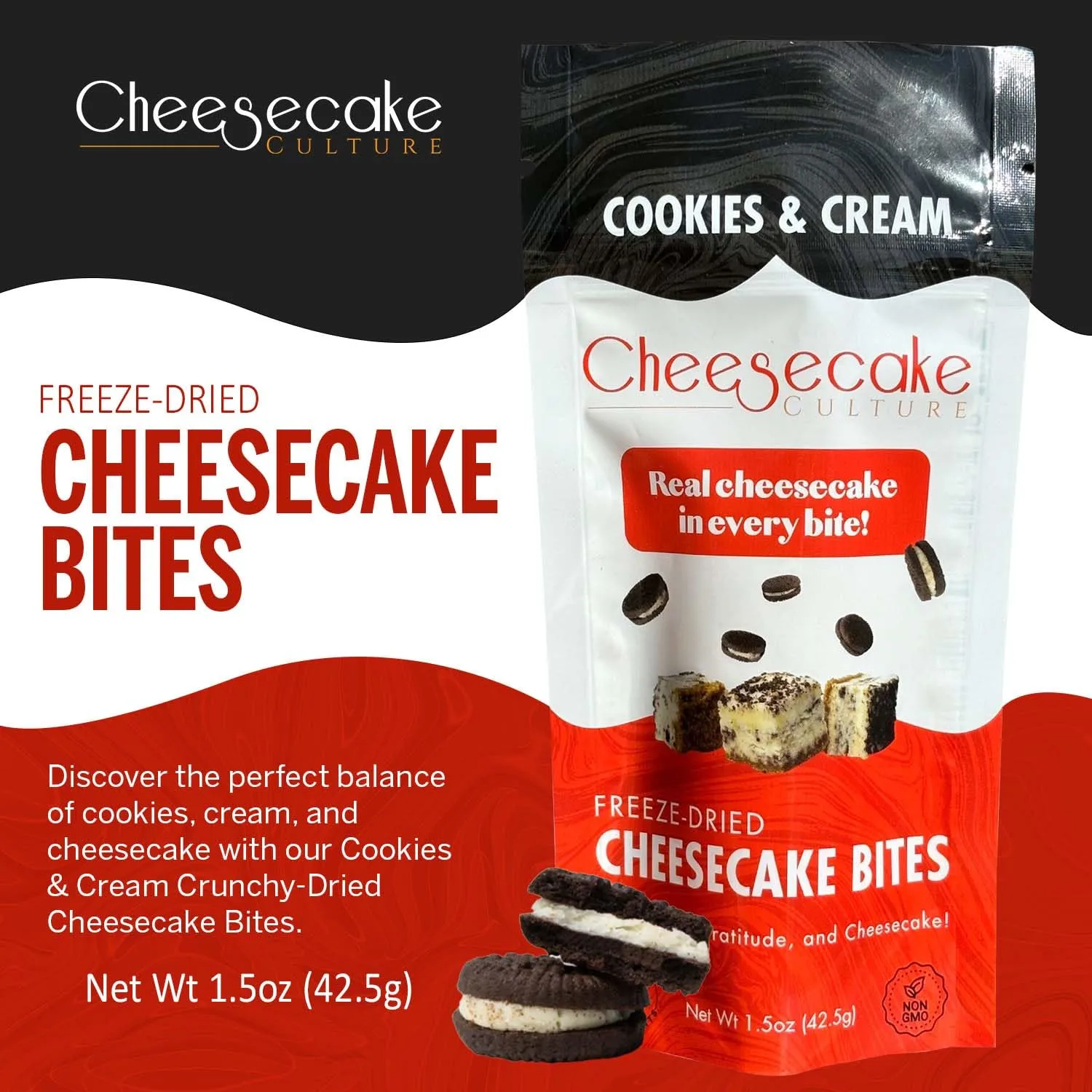 Cheesecake Culture Freeze-Dried Cheesecake Bites - Cookies and Cream Flavor, Crunchy Bite-Sized Snacks, Rich & Tart Goodies - 15 Pieces Per Bag, 1.5oz (1 Pack)