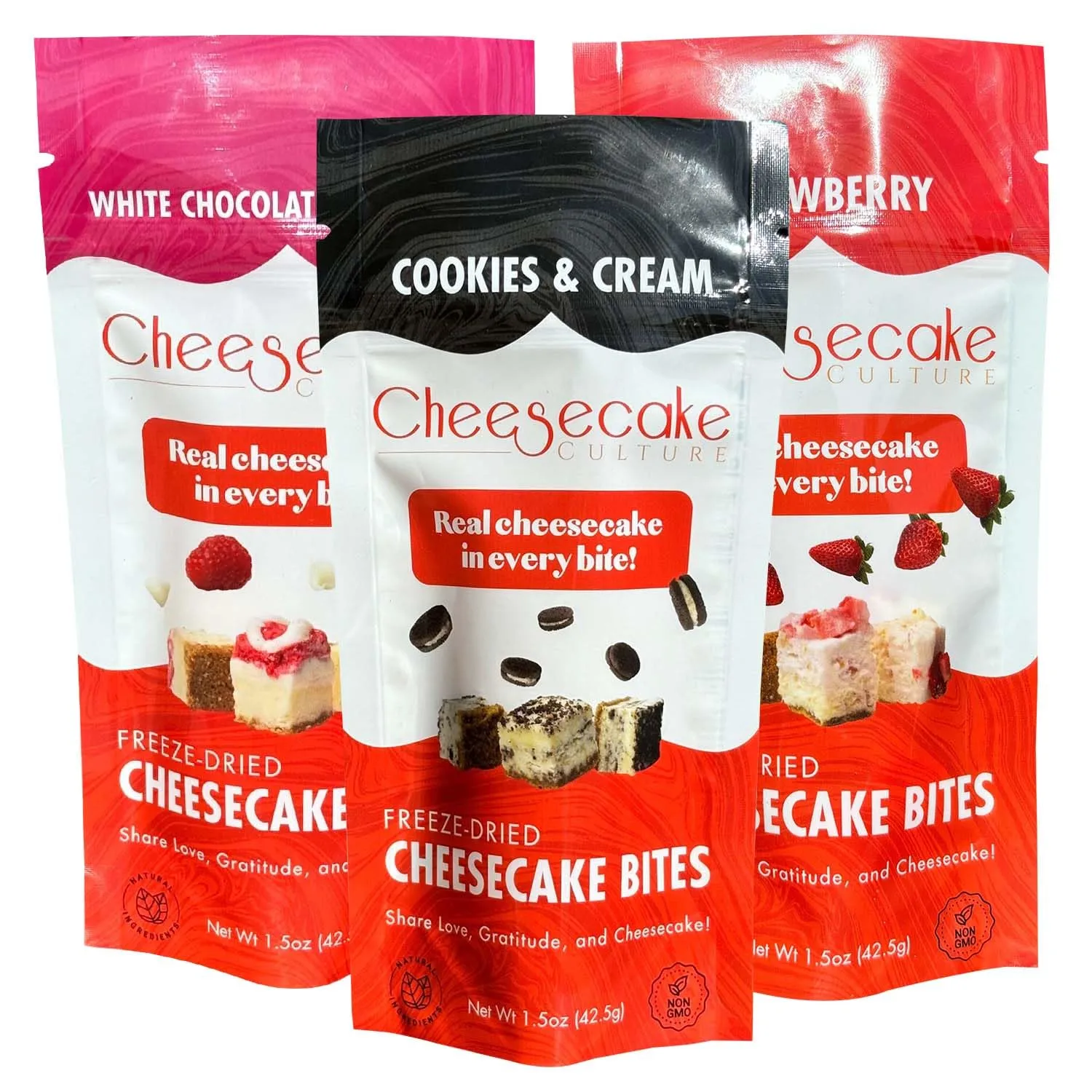 Cheesecake Culture Freeze-Dried Bites Variety Pack - White Chocolate Raspberry, Strawberry, Cookies & Cream, Crunchy Snacks - 1.5oz Each (3 Pack)
