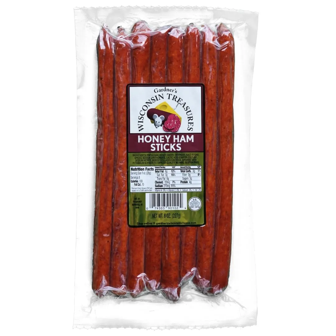 Gardner's Wisconsin Cheese, Meat Sticks (1 Ounce Sticks, Pack of 8) - Honey Ham Flavor, Low Carb Snack, Does Not Require Refrigeration