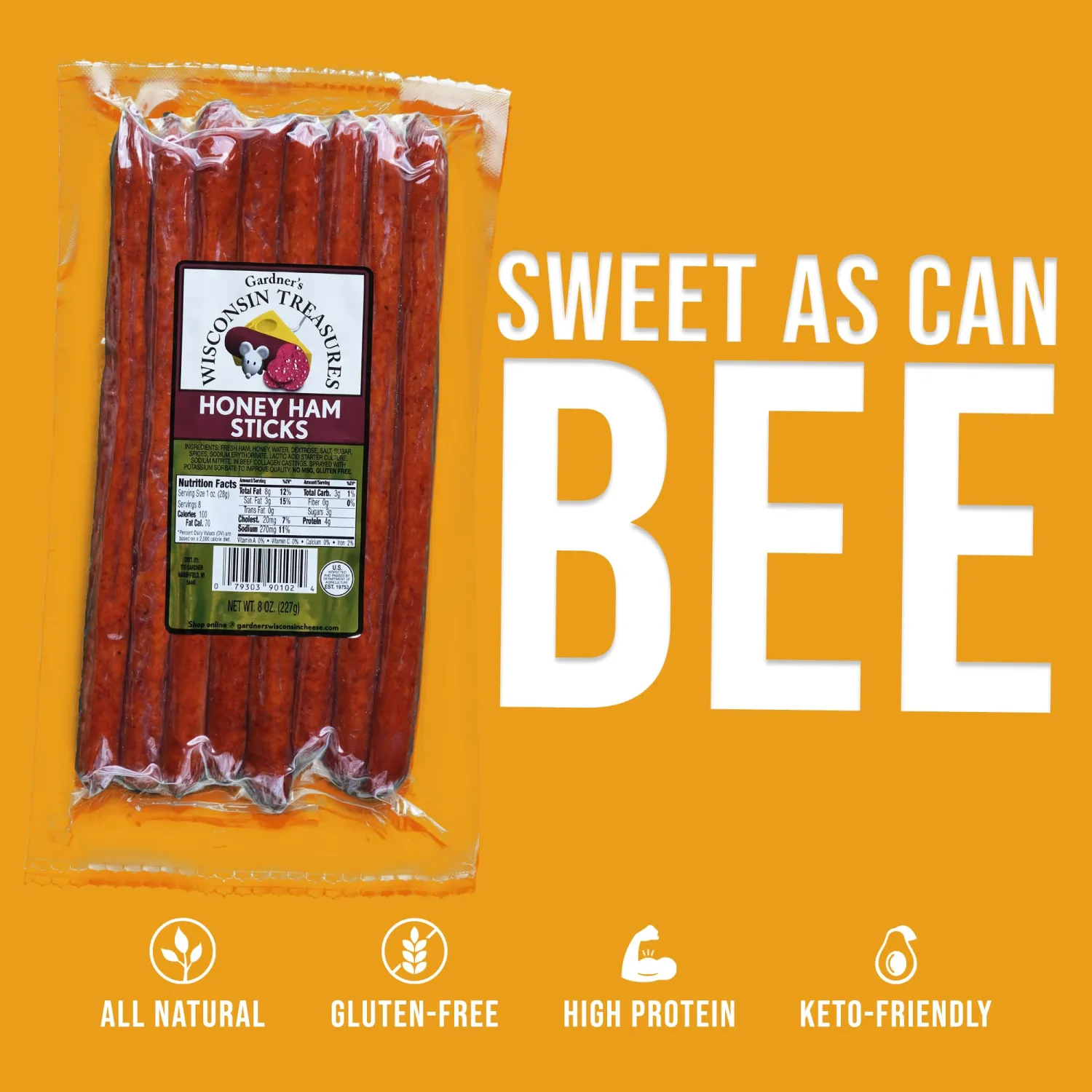 Gardner's Wisconsin Cheese, Meat Sticks (1 Ounce Sticks, Pack of 8) - Honey Ham Flavor, Low Carb Snack, Does Not Require Refrigeration