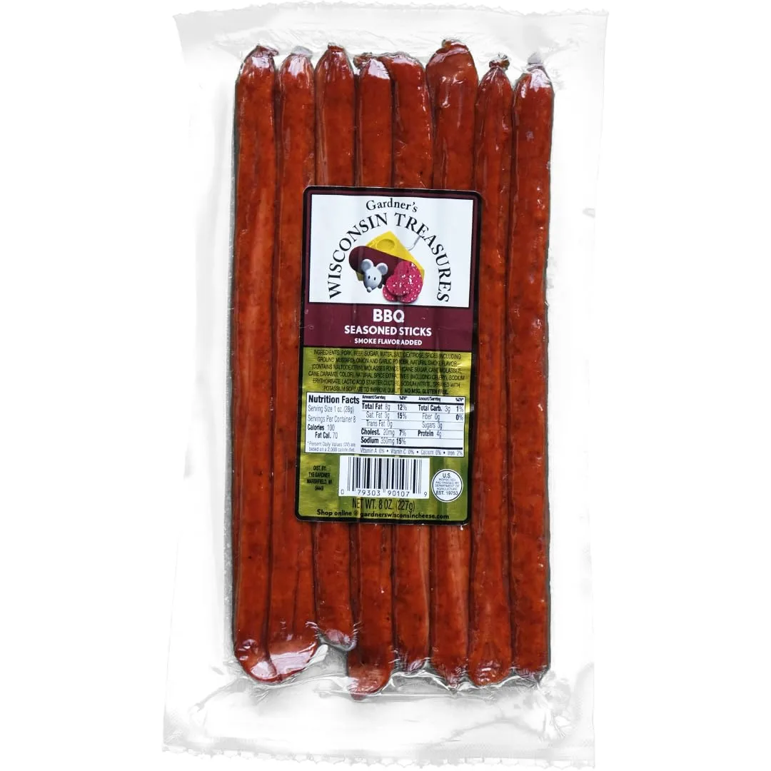 Gardner's Wisconsin Cheese, Meat Sticks (1 Ounce Sticks, Pack of 8) - Smoky BBQ Flavor, Low Carb Snack, Does Not Require Refrigeration