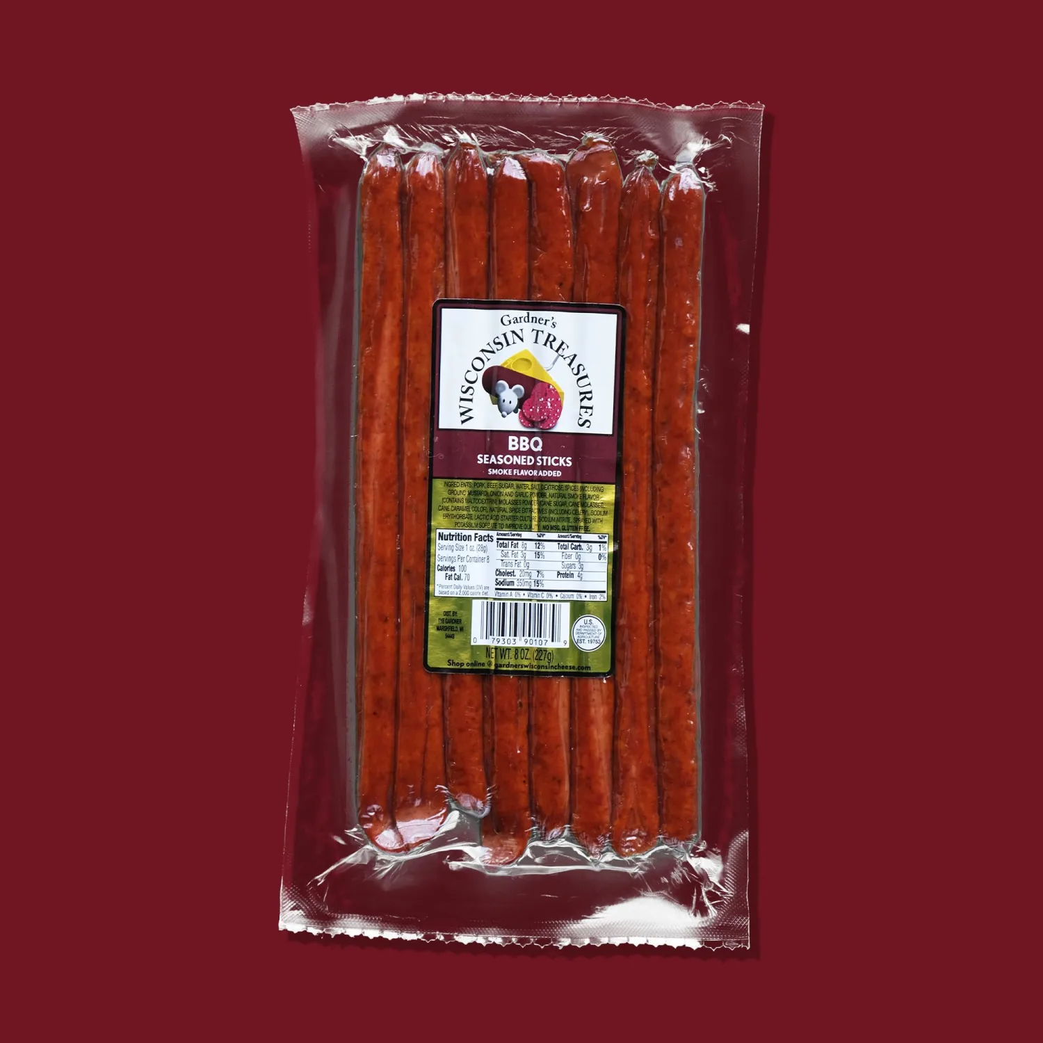 Gardner's Wisconsin Cheese, Meat Sticks (1 Ounce Sticks, Pack of 8) - Smoky BBQ Flavor, Low Carb Snack, Does Not Require Refrigeration