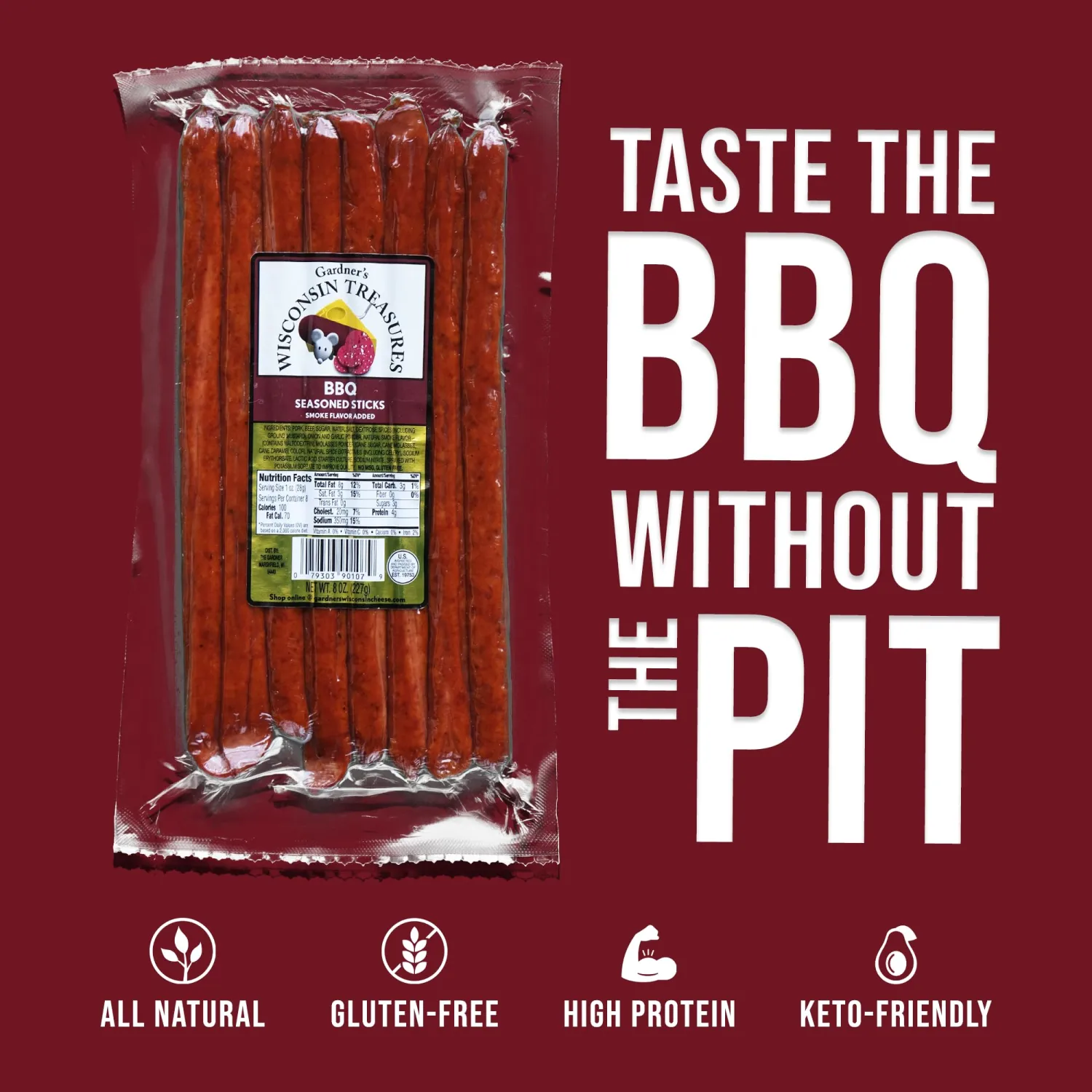 Gardner's Wisconsin Cheese, Meat Sticks (1 Ounce Sticks, Pack of 8) - Smoky BBQ Flavor, Low Carb Snack, Does Not Require Refrigeration