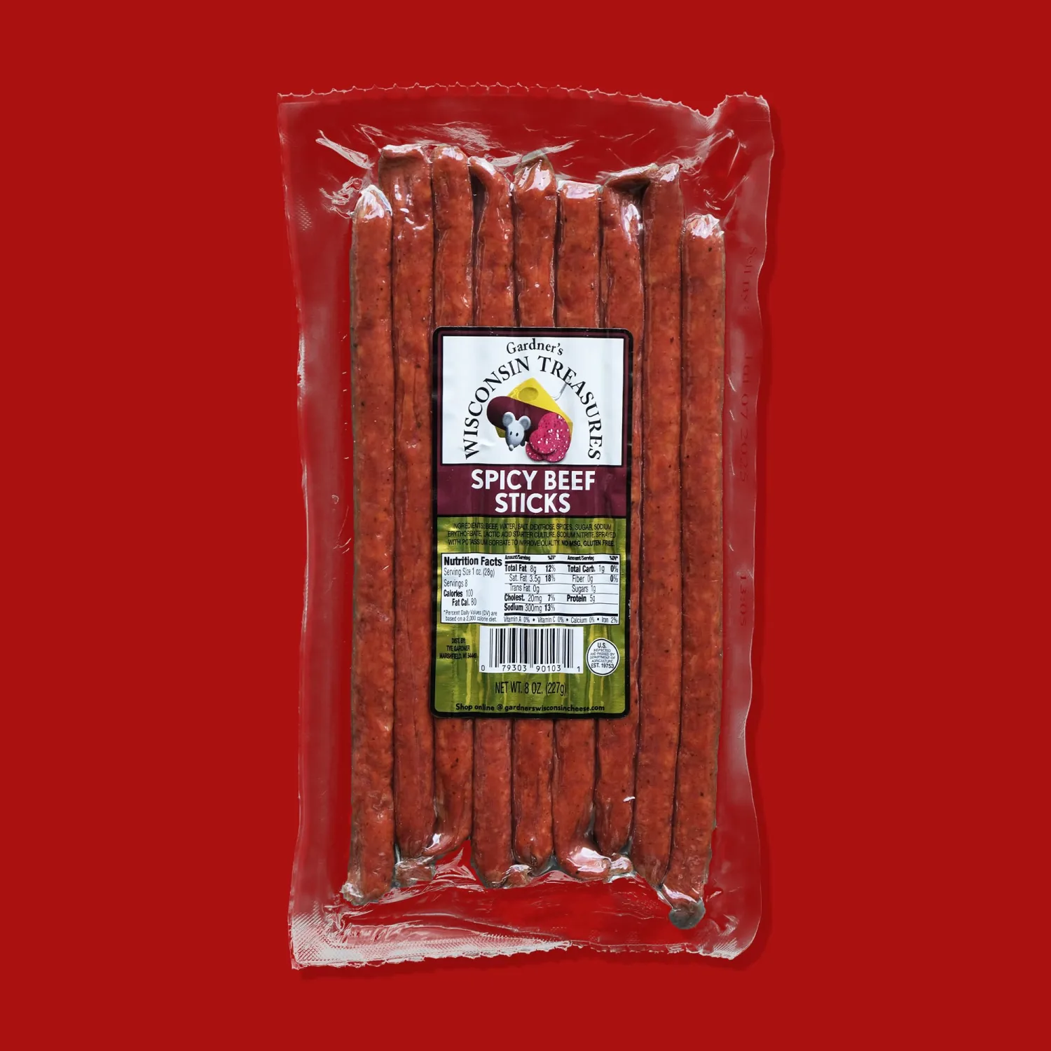 Gardner's Wisconsin Cheese, Meat Sticks (1 Ounce Sticks, Pack of 8) - Spicy Beef Flavor, Low Carb Snack, Does Not Require Refrigeration