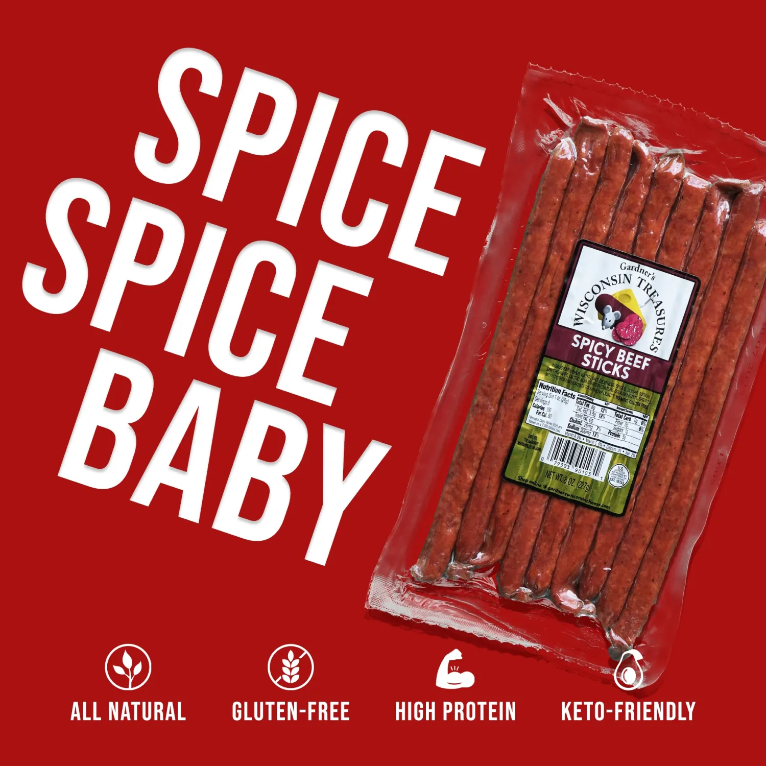Gardner's Wisconsin Cheese, Meat Sticks (1 Ounce Sticks, Pack of 8) - Spicy Beef Flavor, Low Carb Snack, Does Not Require Refrigeration