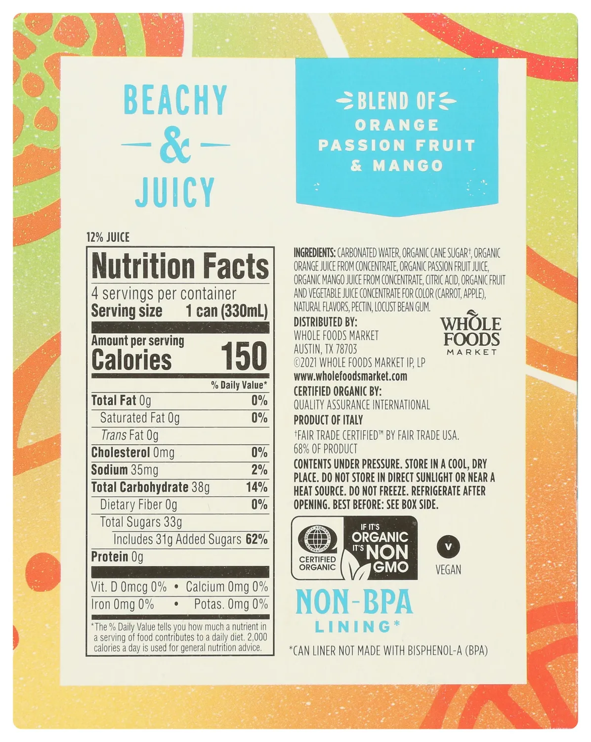 Whole Foods Market Organic Tropical Blend Italian Soda, 11.2 fl oz (Pack of 4)