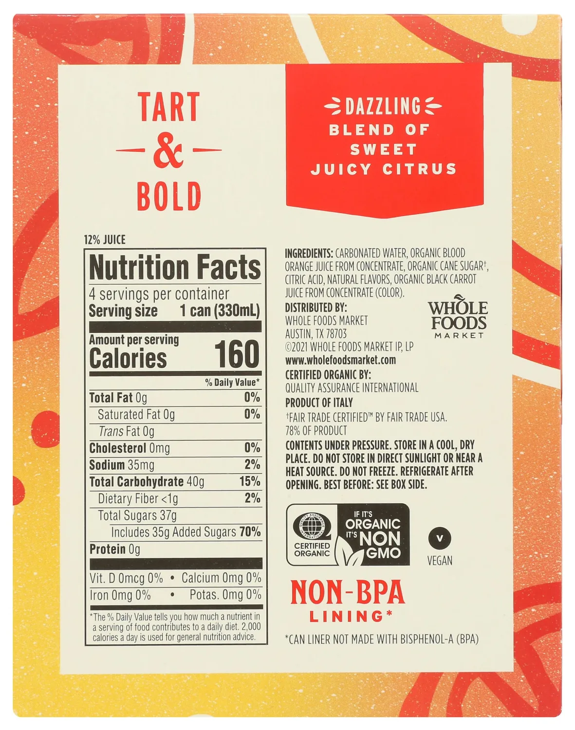 Whole Foods Market 4 Pack Organic Italian Soda, Blood Orange, 11.2 Fluid Ounce (Pack of 4)