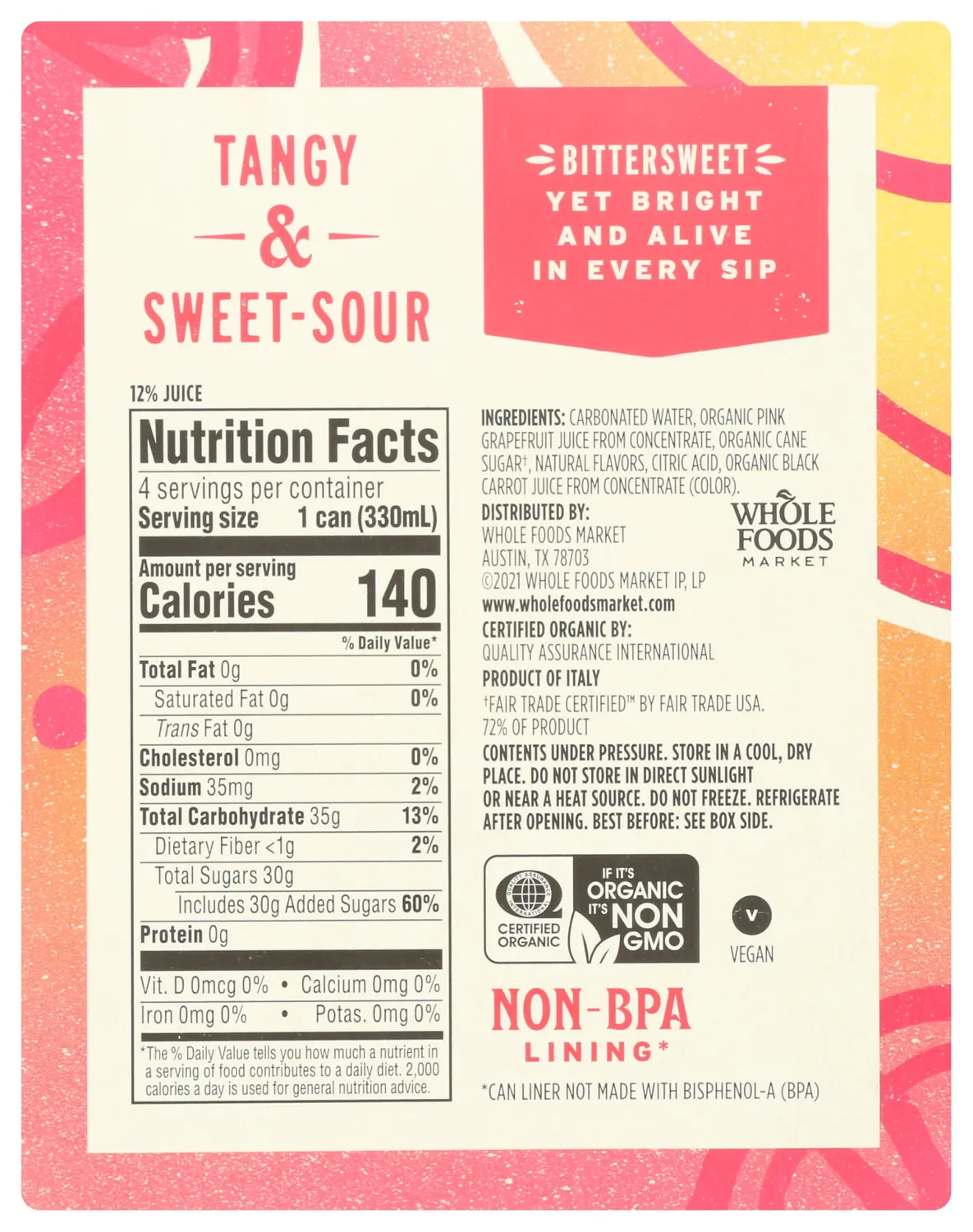 Whole Foods Market 4 Pack Organic Italian Soda, Pink Grapefruit, 11.2 Fluid Ounce