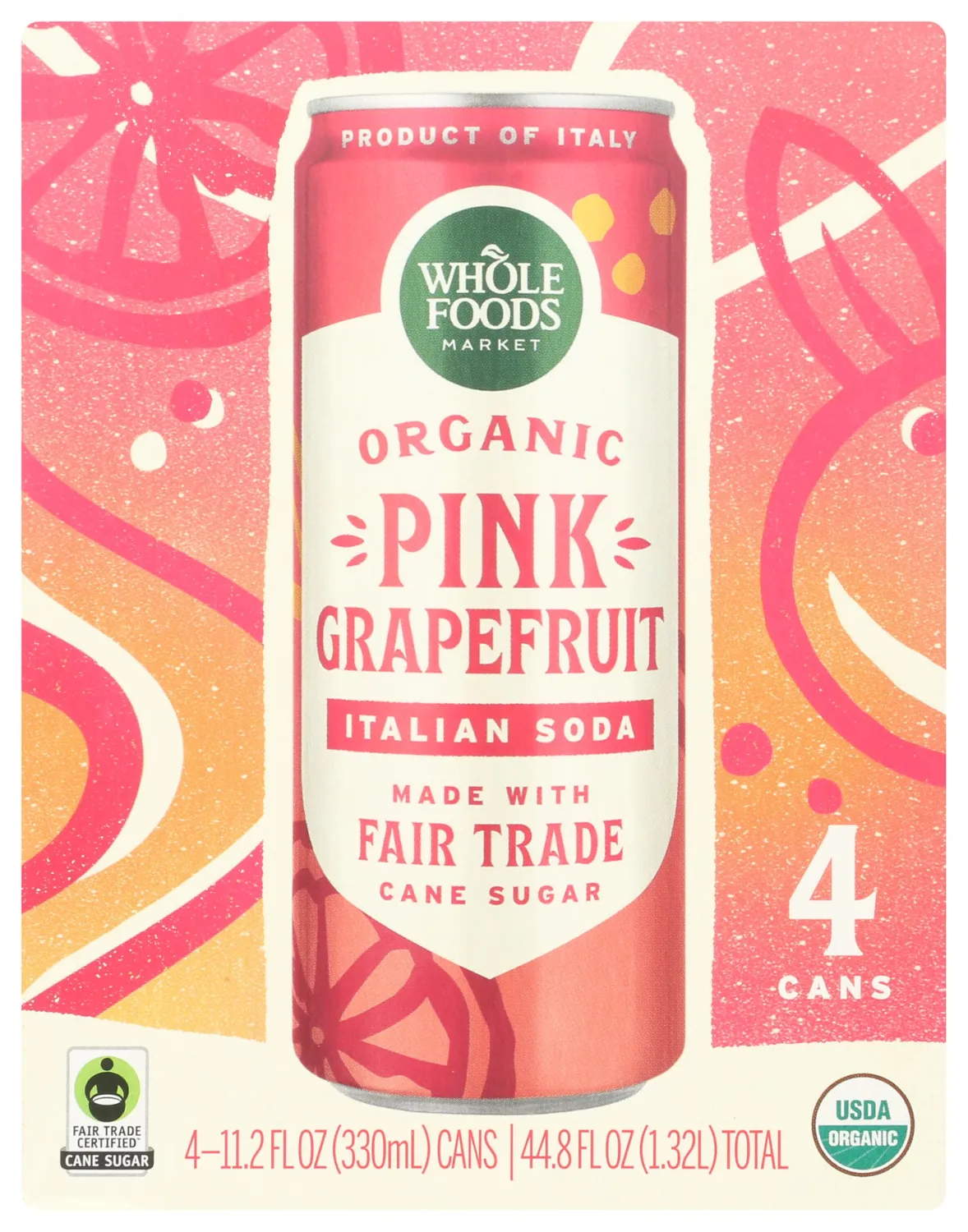 Whole Foods Market 4 Pack Organic Italian Soda, Pink Grapefruit, 11.2 Fluid Ounce