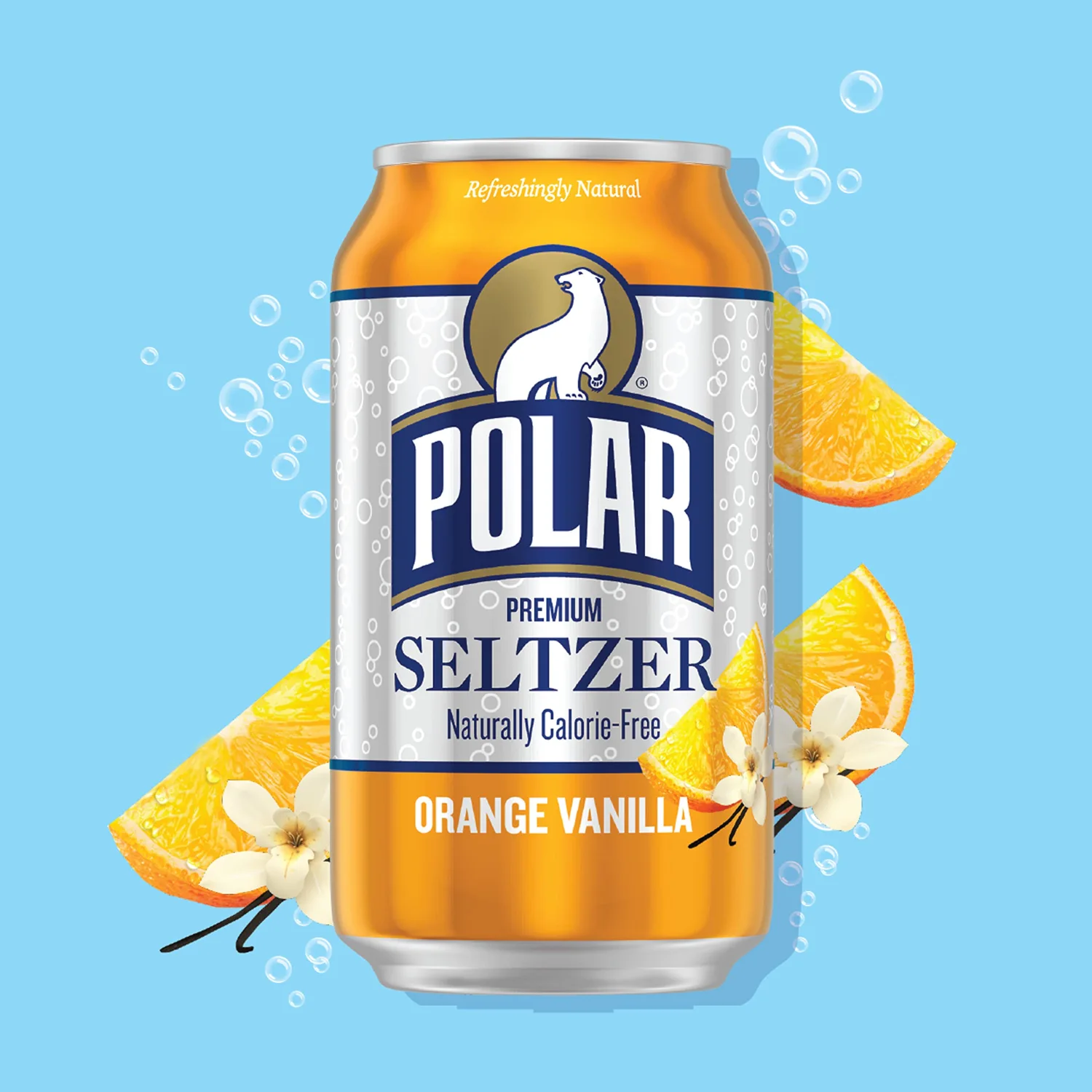 Polar Seltzer Water Orange Vanilla, 12 fl oz cans, 18 pack