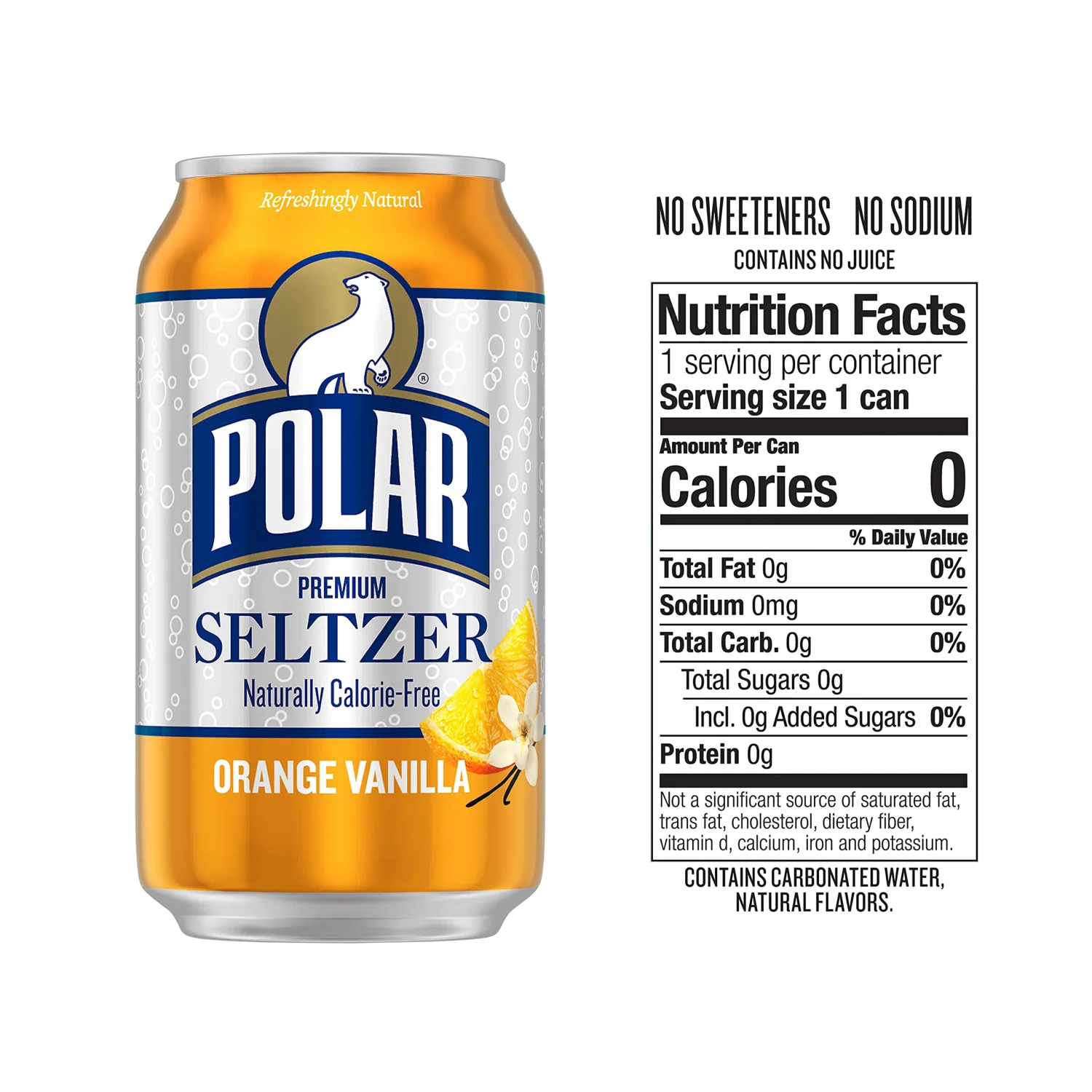 Polar Seltzer Water Orange Vanilla, 12 fl oz cans, 18 pack