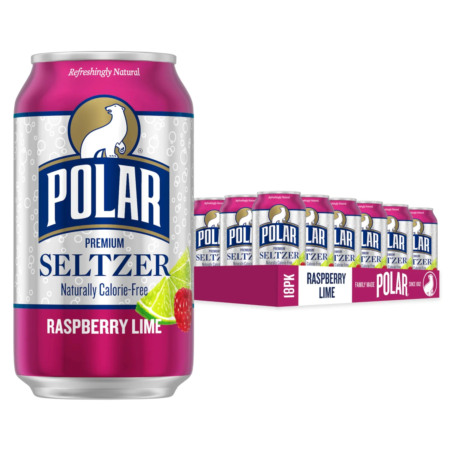 Polar Seltzer Water Raspberry Lime, 12 fl oz cans, 18 pack