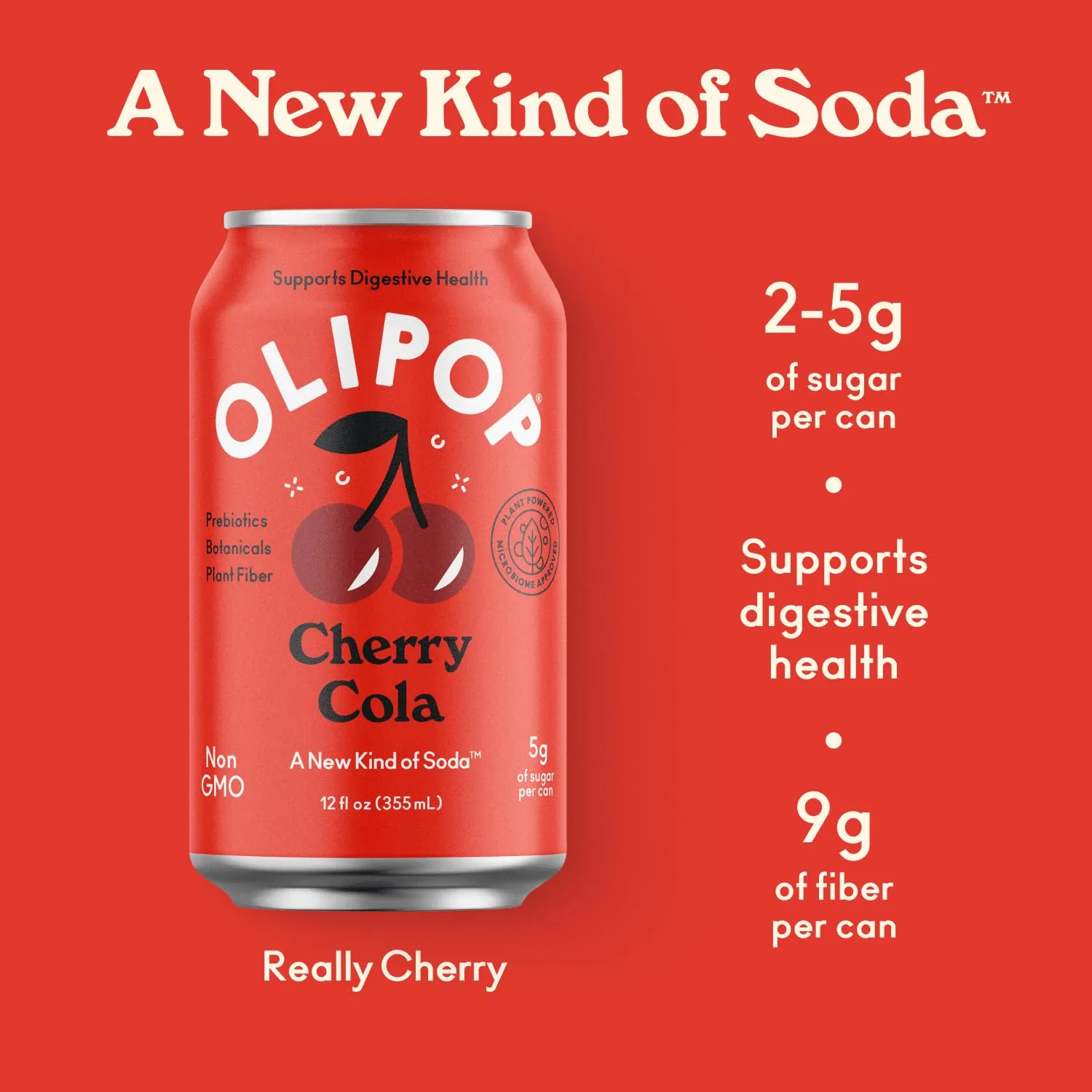 OLIPOP Prebiotic Soda Pop, Cherry Cola, Prebiotics, Botanicals, Plant Fiber, 12 fl oz can
