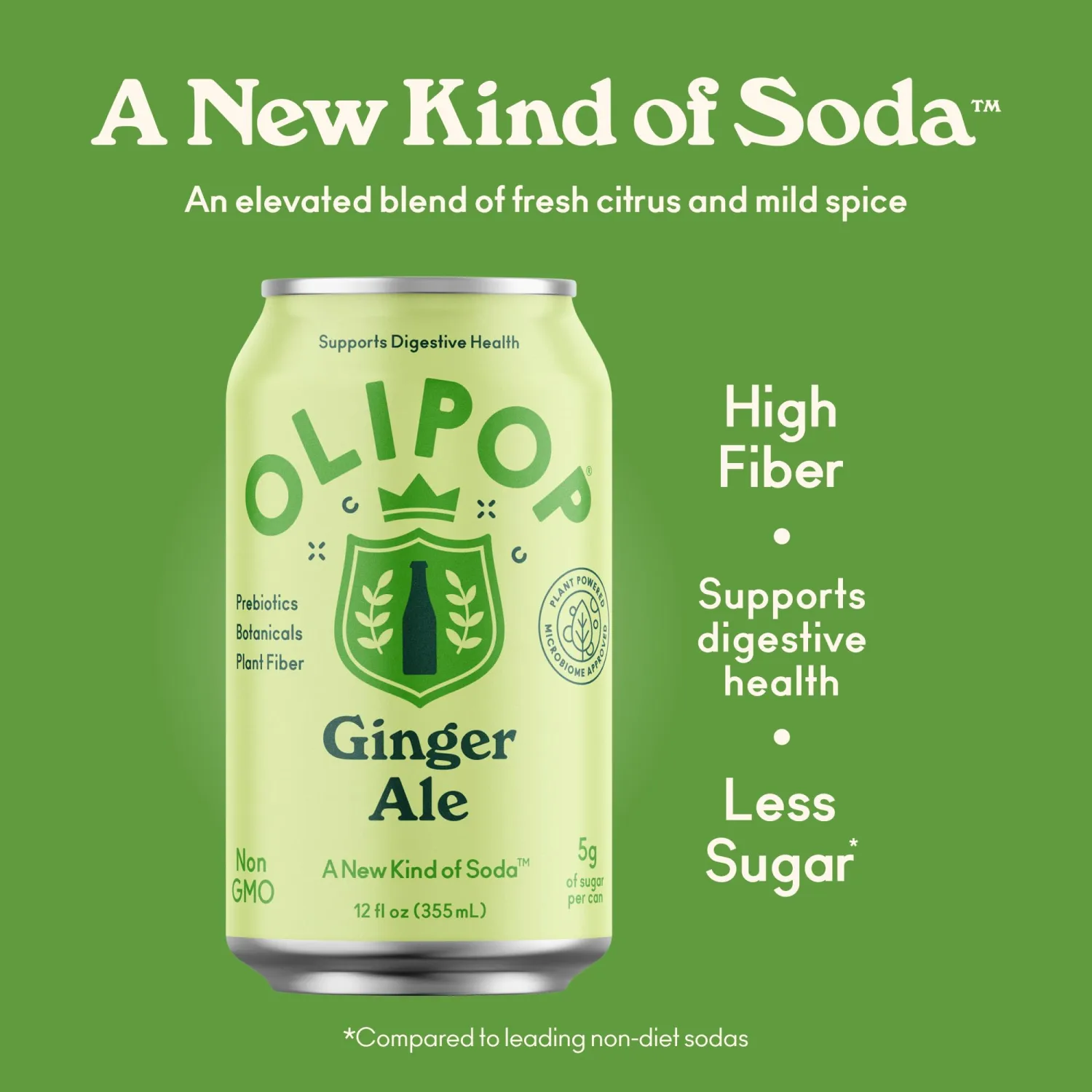 OLIPOP Prebiotic Soda Pop, Ginger Ale, Prebiotics, Botanicals, Plant Fiber, 12 fl oz can
