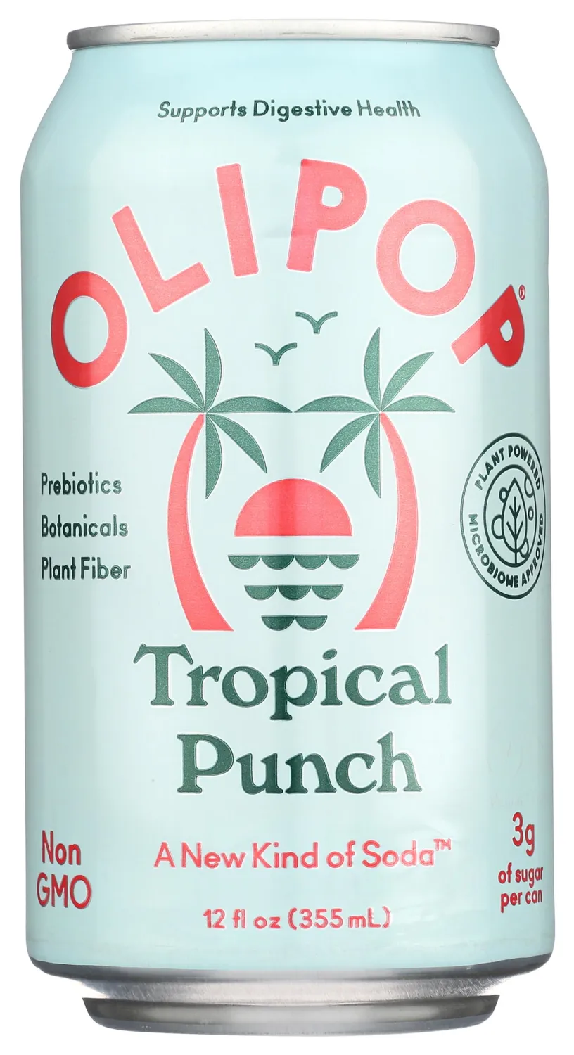OLIPOP Prebiotic Soda Pop, Tropical Punch, A New Kind of Soda Packed with Prebiotics, Fiber, and Botanicals, Gluten Free, Vegan, GMO Free, 12oz